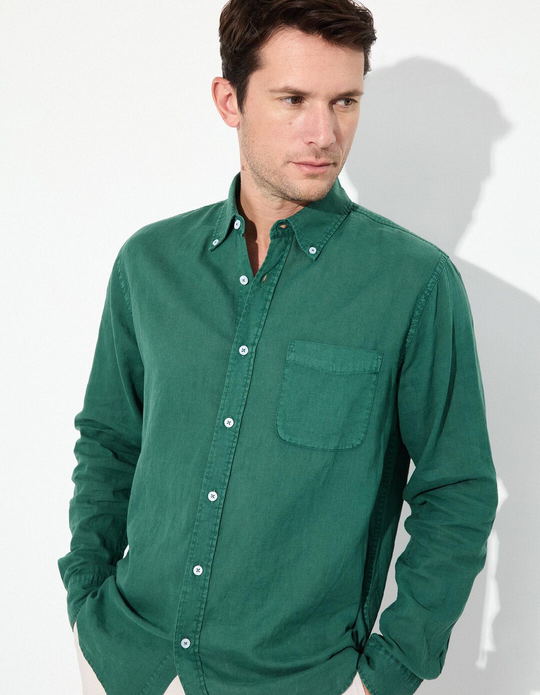 Camisa com Linho, Homem, Verde Escuro 