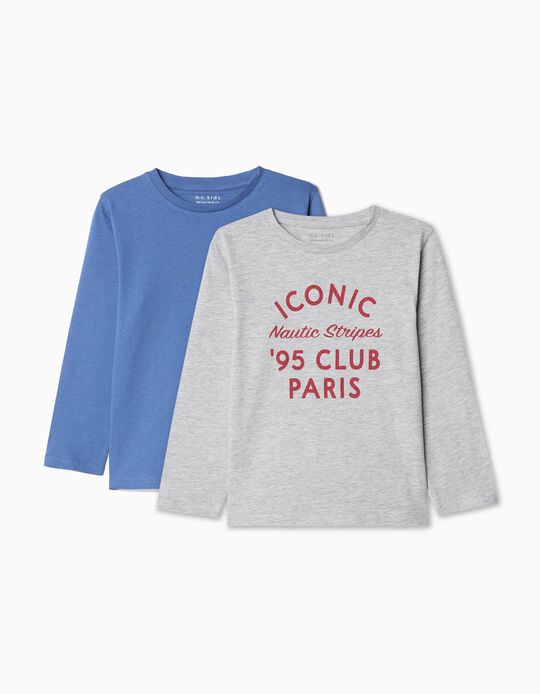 Comprar Online Pack 2 T-shirts de Manga Comprida, Menino, Cinzento Claro/Azul
