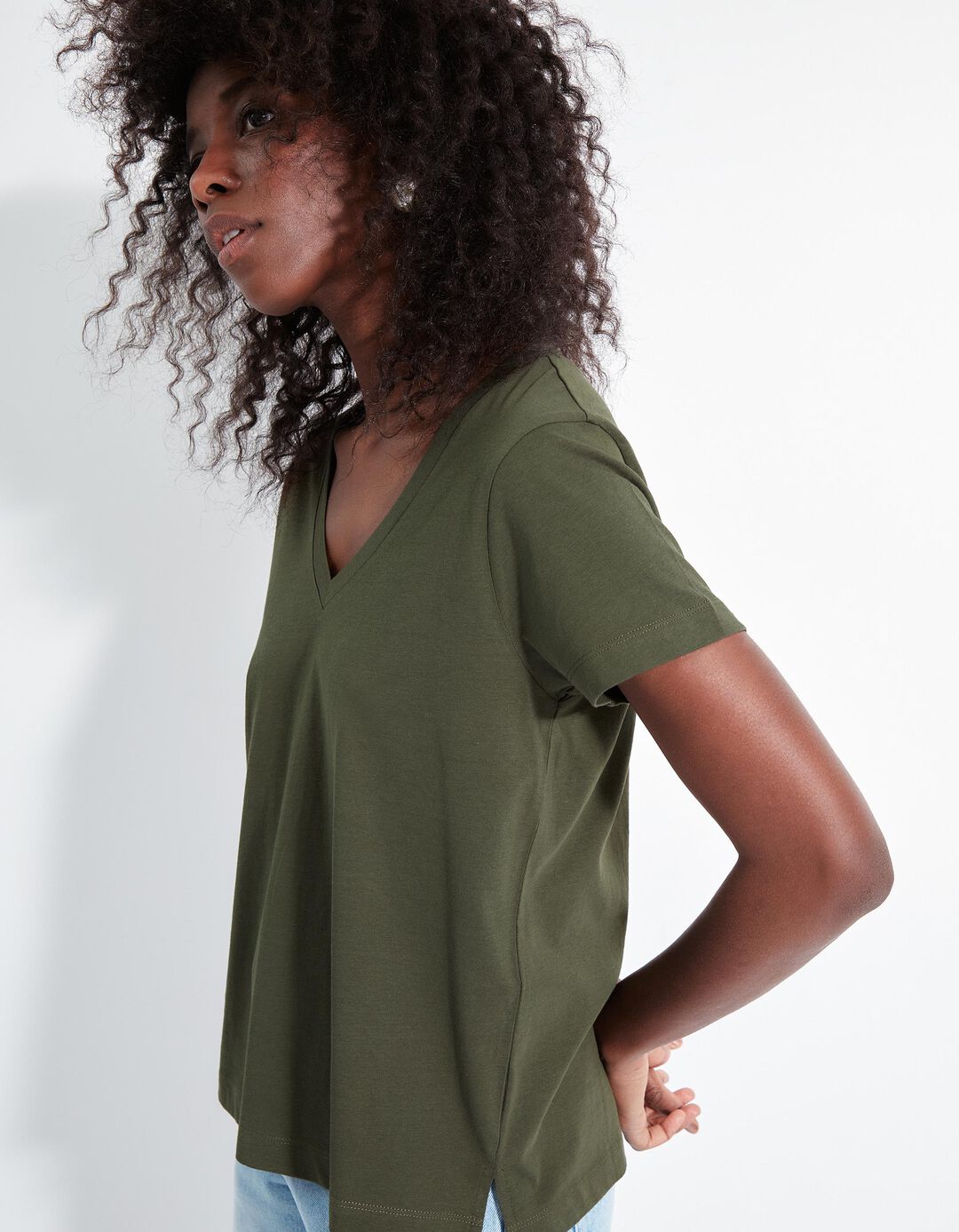 T-shirt Decote em V, Mulher, Verde Escuro