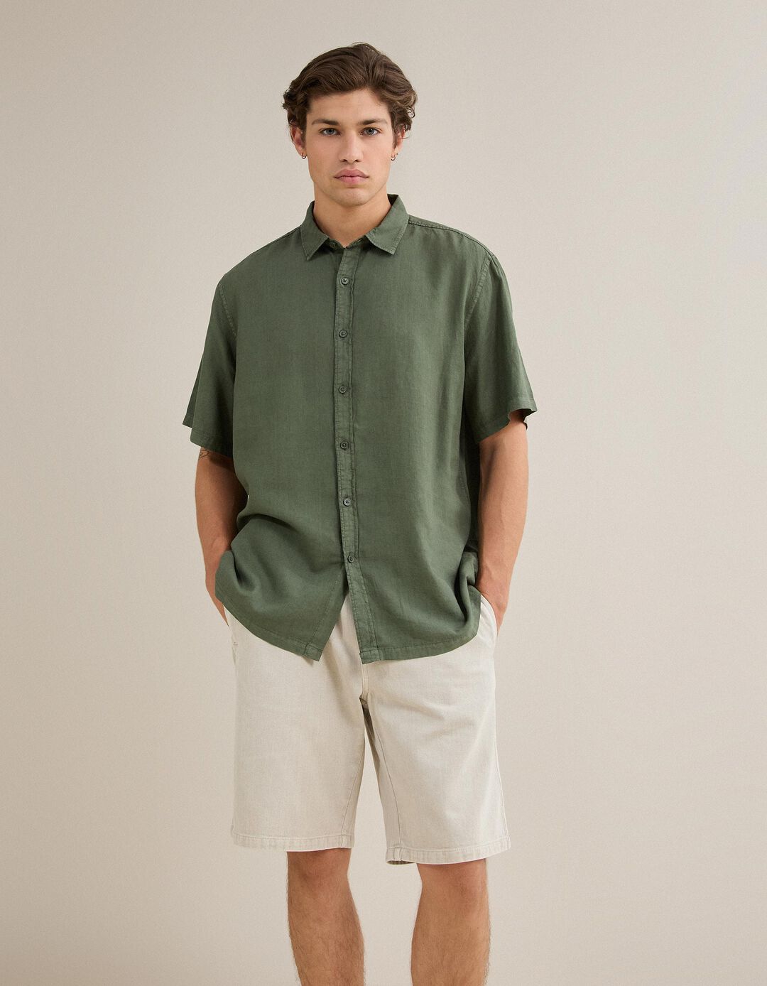 Camisa Com Linho, Homem, Verde Escuro