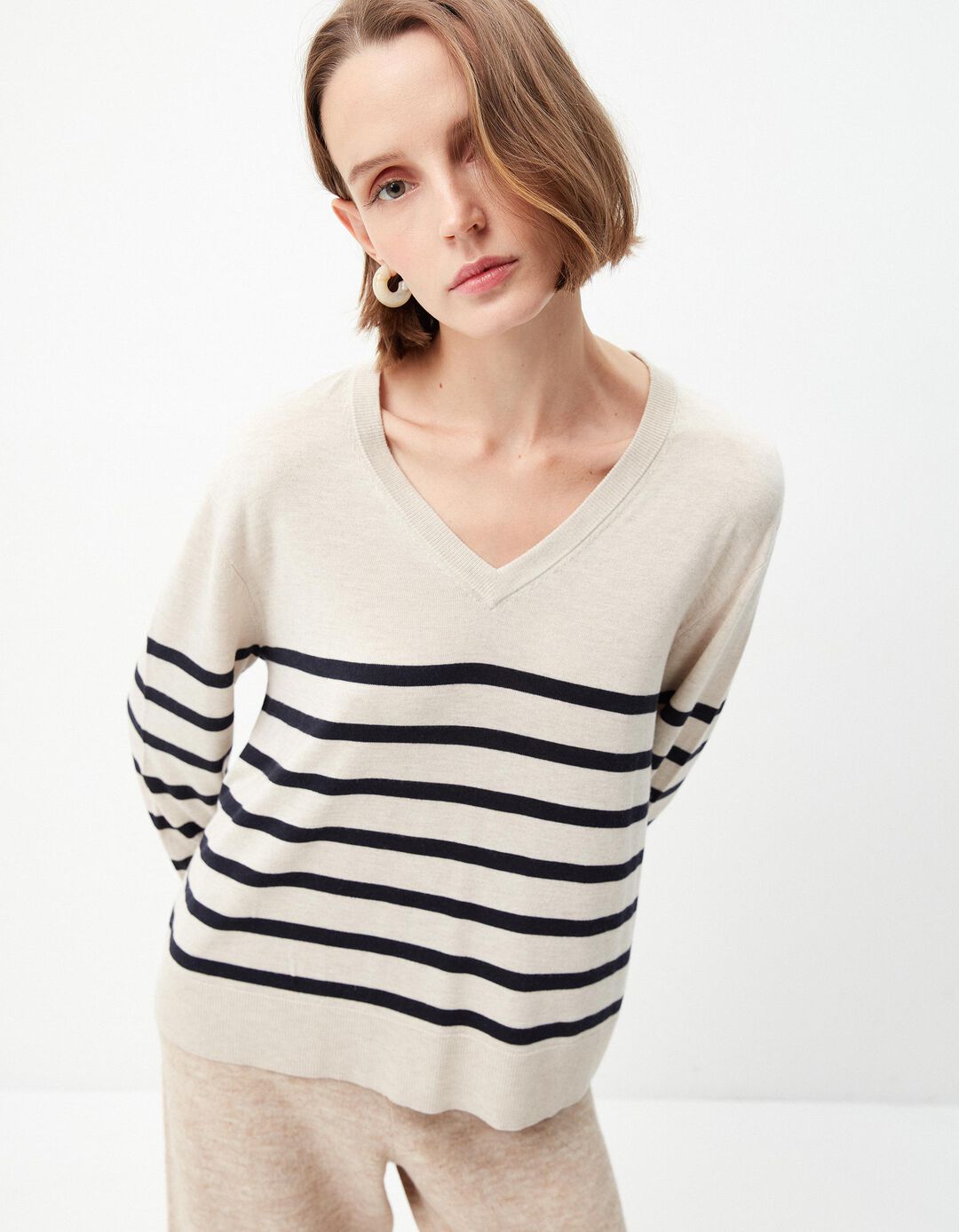 Camisola Mistura de Caxemira Riscas, Mulher, Bege Claro