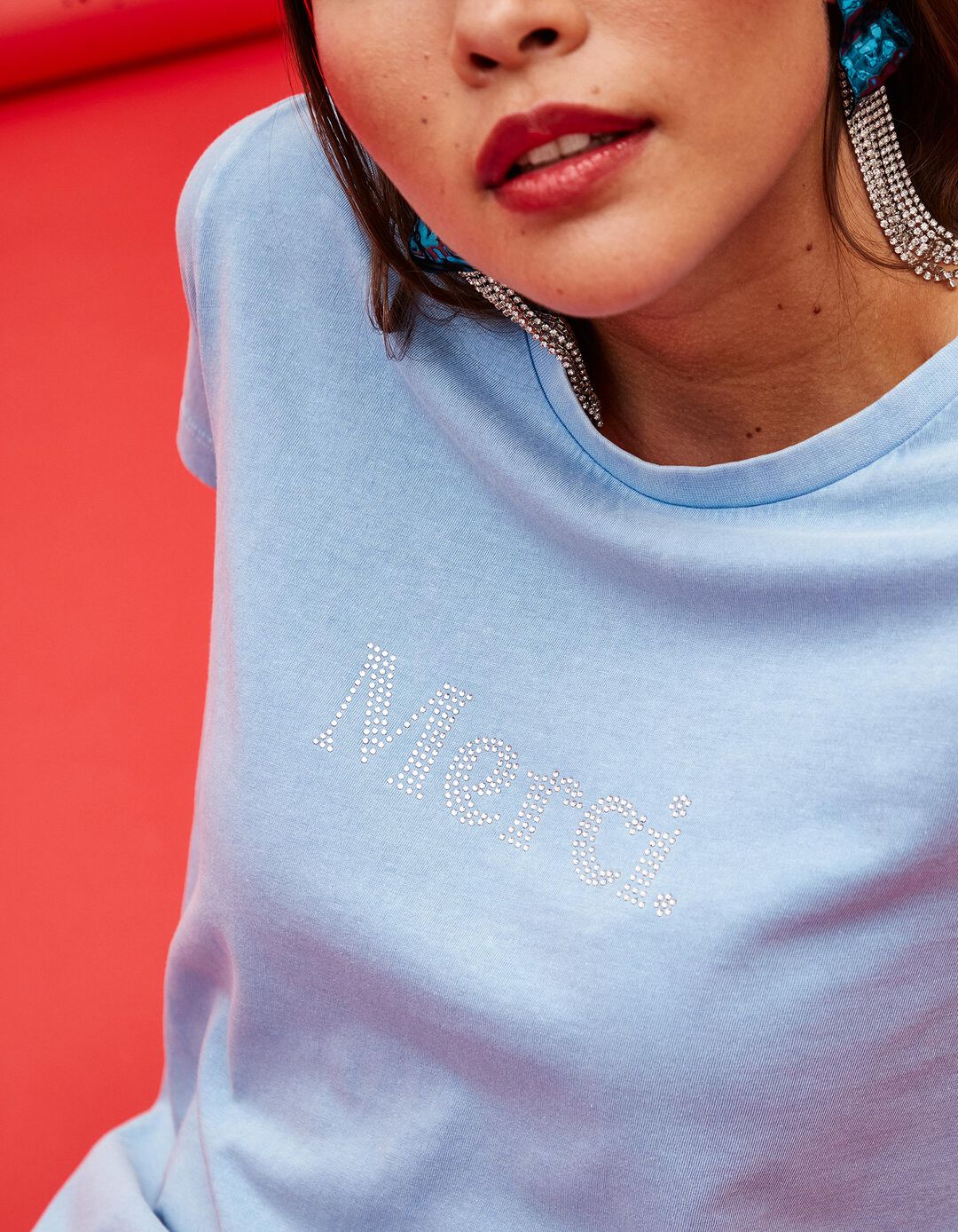 T-shirt com Missangas, Mulher, Azul