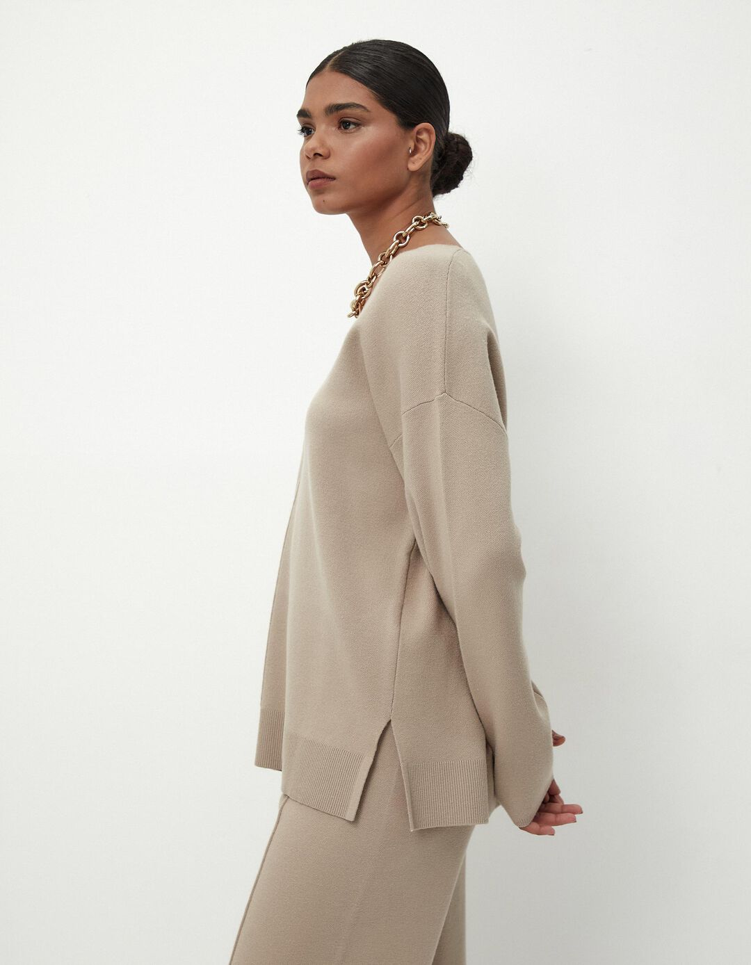 Camisola de Malha Decote em V, Mulher, Bege