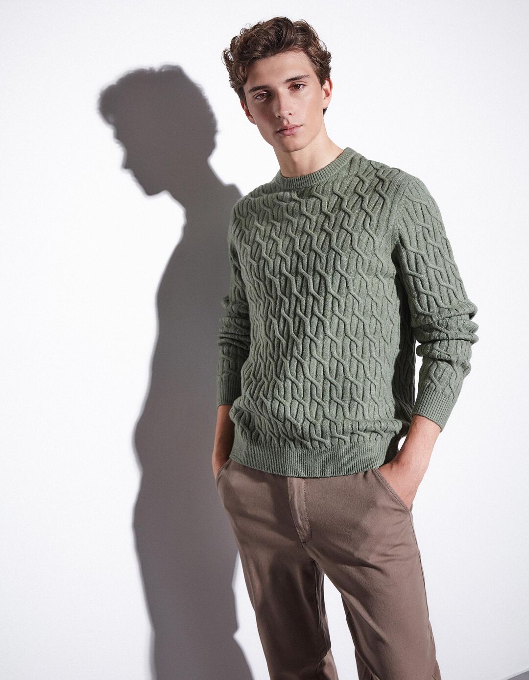 Camisola de Malha Entrançada, Homem, Verde