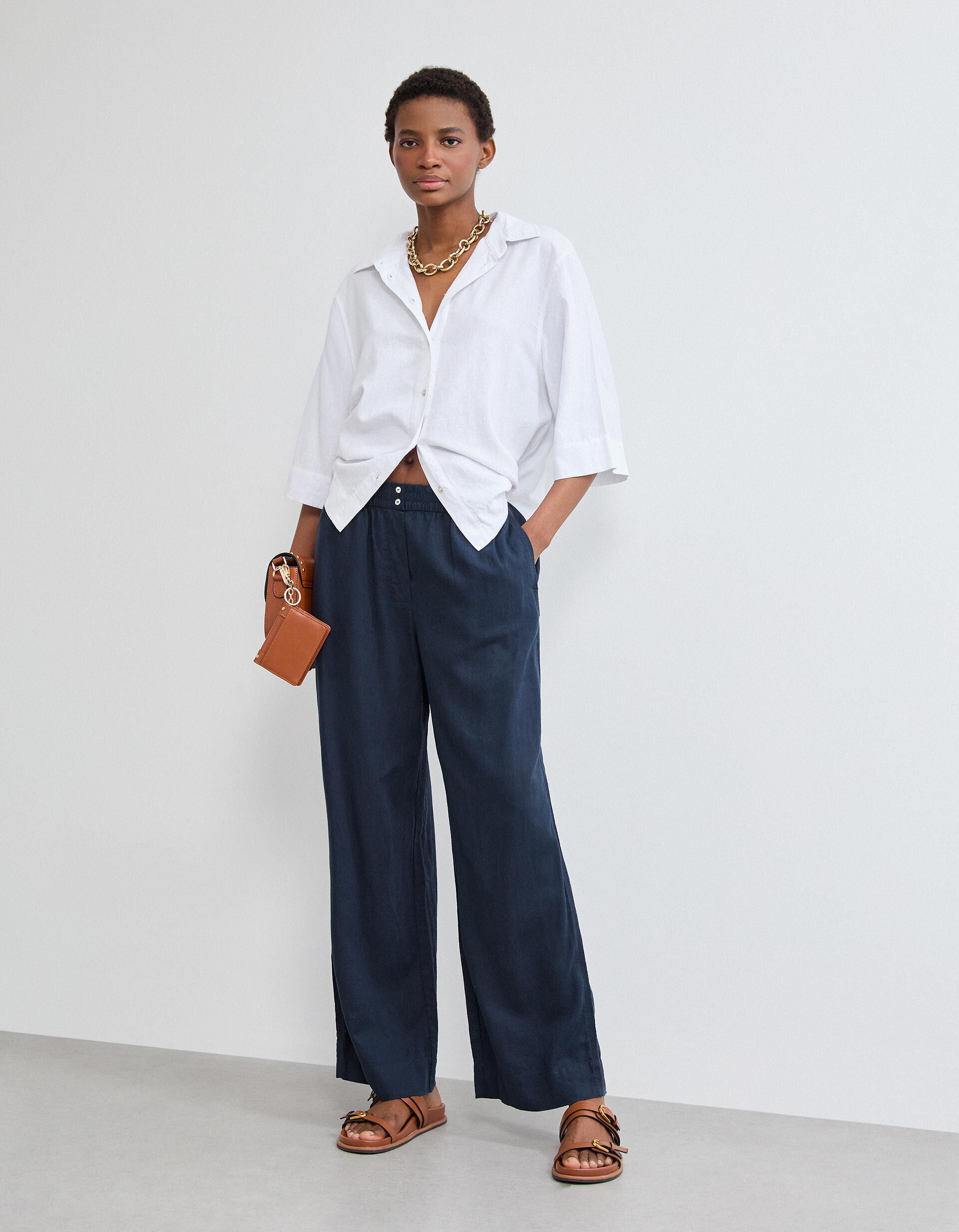 Comprar Online Cal&ccedil;as com Linho, Mulher, Azul Escuro