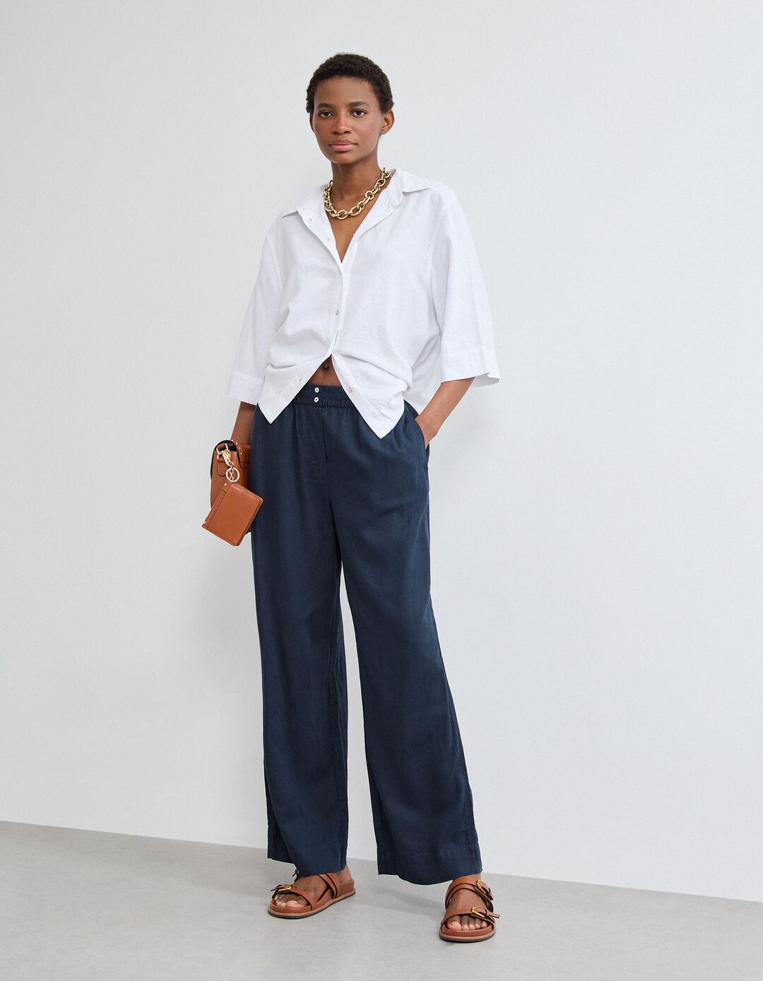 Cal&ccedil;as com Linho, Mulher, Azul Escuro