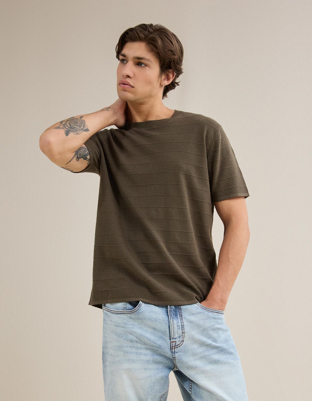 T-shirt Em Malha Tricotada, Homem, Verde Escuro