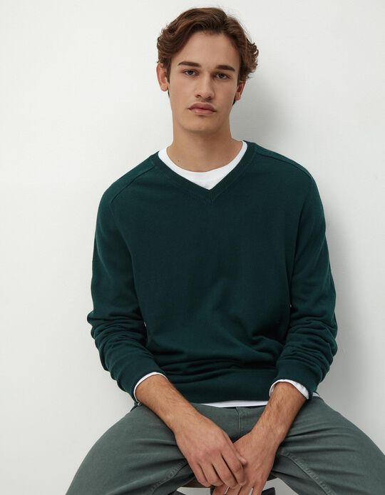 Comprar Online Camisola Mistura de Caxemira Decote em V, Homem, Verde Escuro