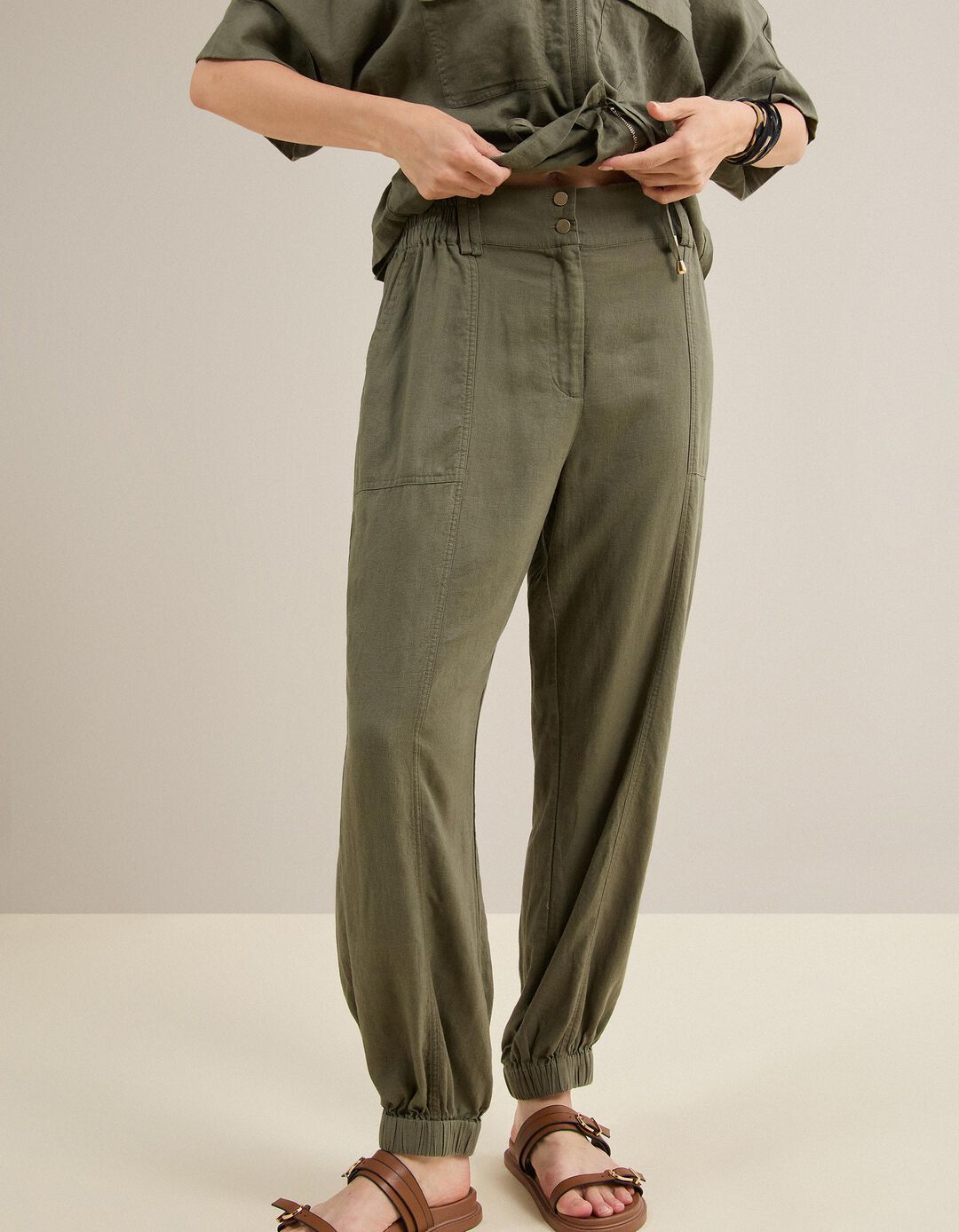 Cal&ccedil;as Joggers Com Linho, Mulher, Verde