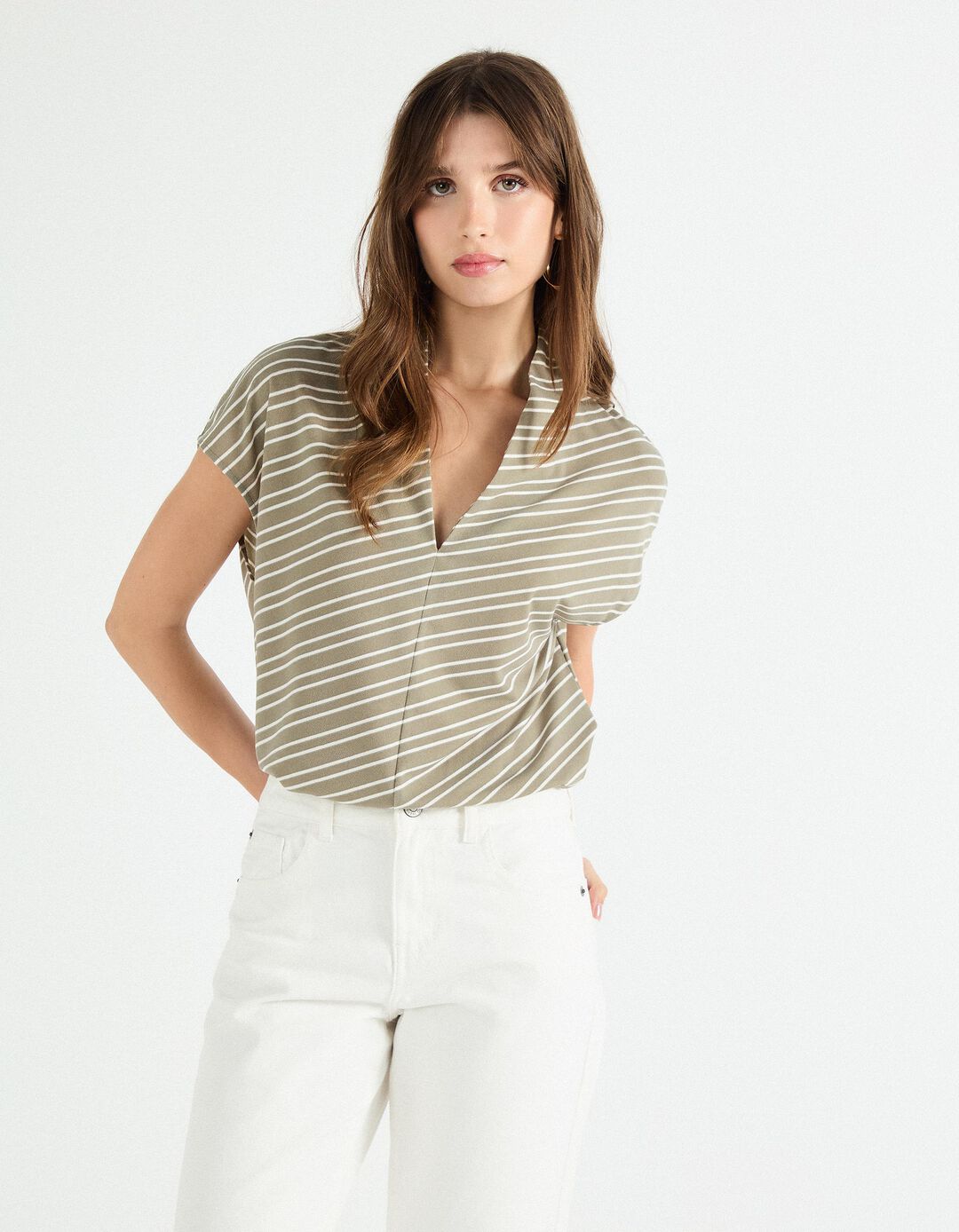 Blusa com Riscas, Mulher, Verde Escuro