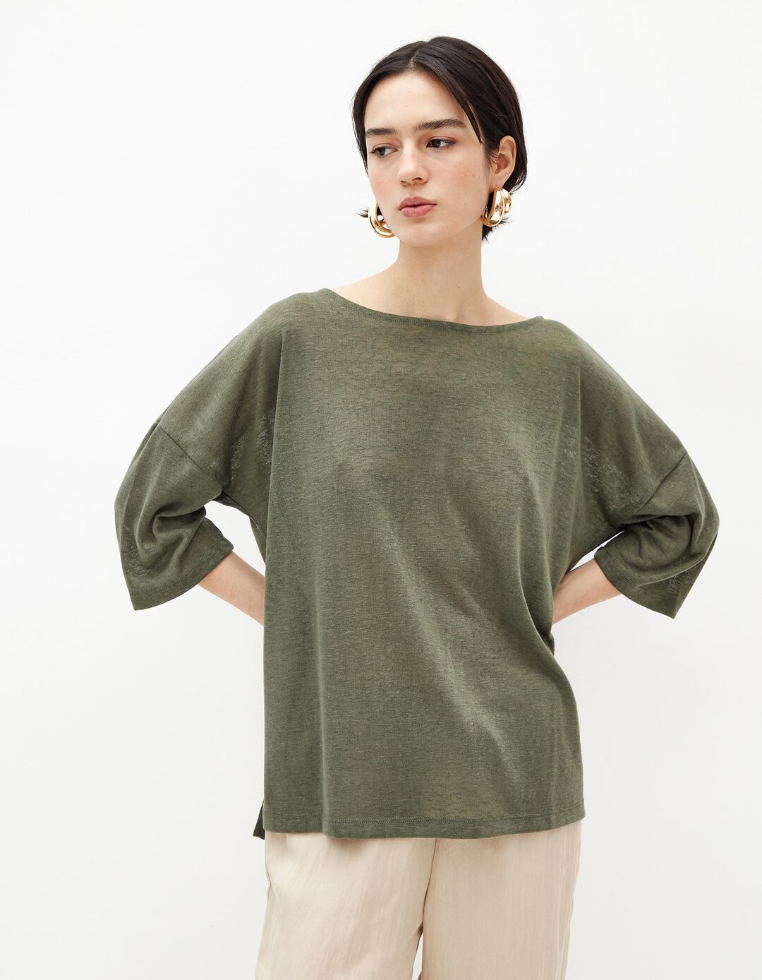 T-shirt de Manga Comprida, Mulher, Verde Escuro