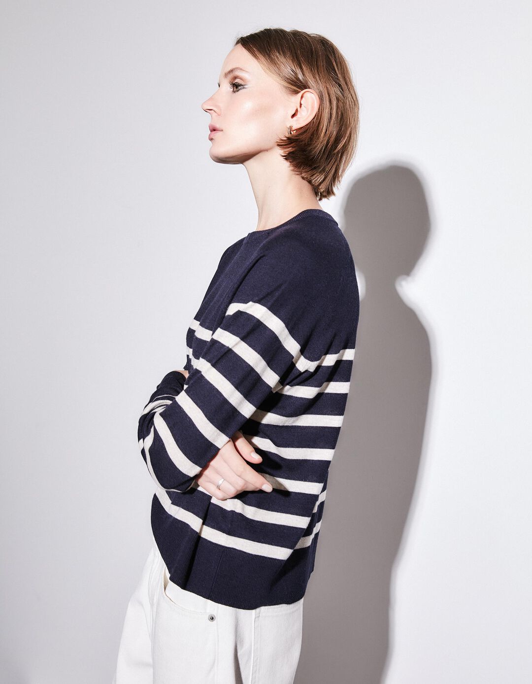 Camisola Mistura de Caxemira Riscas, Mulher, Azul Escuro