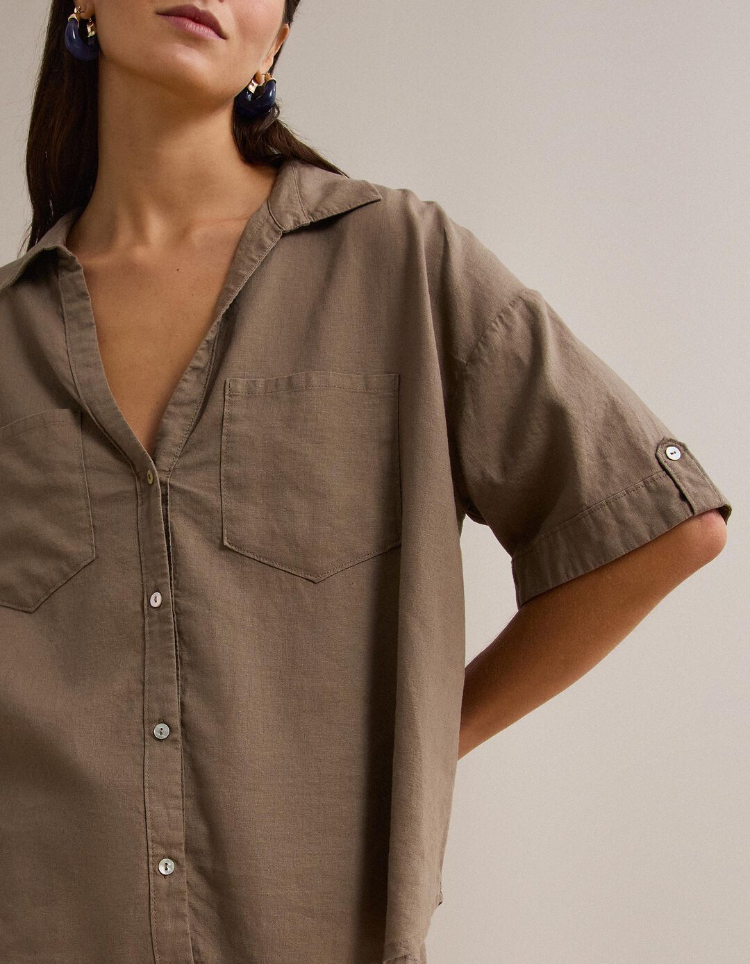 Blusa com linho, Mulher, Bege Escuro