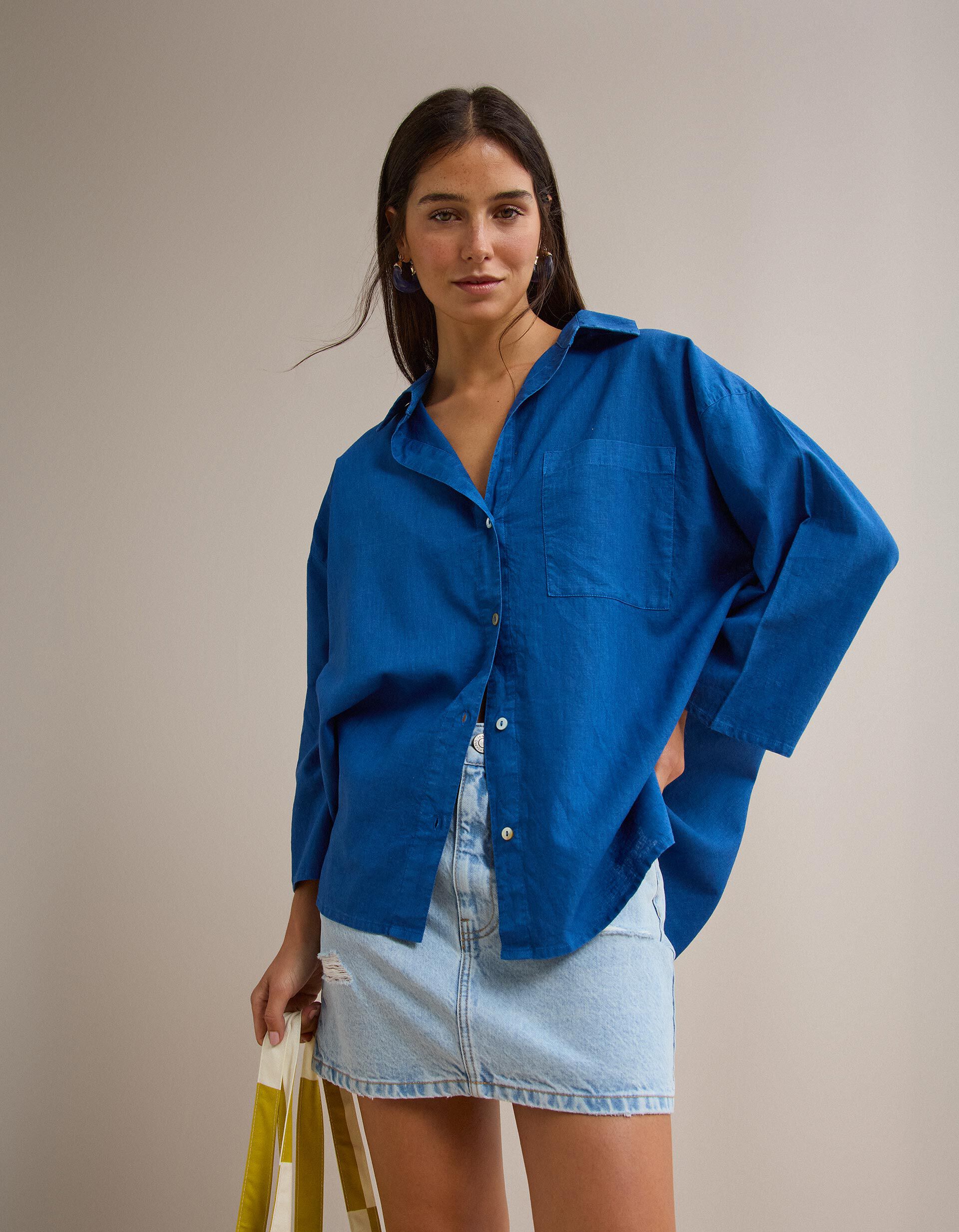 Comprar Online Blusa com Linho, Mulher, Azul 