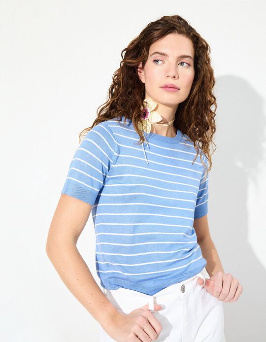 Comprar Online T-shirt de Malha Riscas, Mulher, Azul Claro 