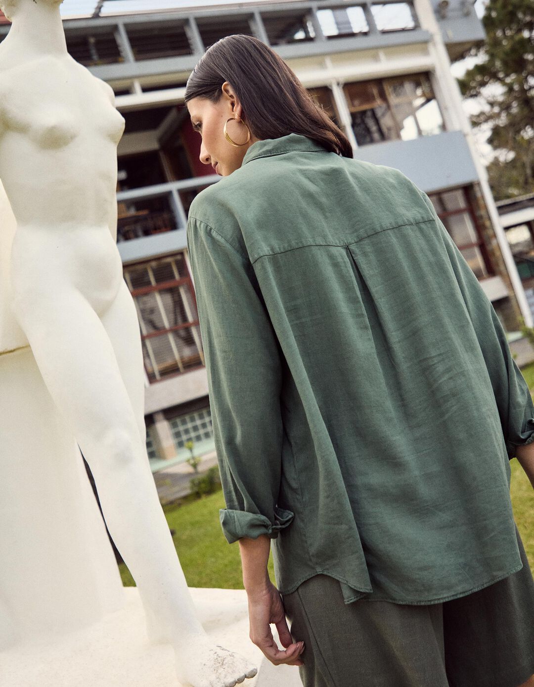 Camisa com Linho, Mulher, Verde Escuro