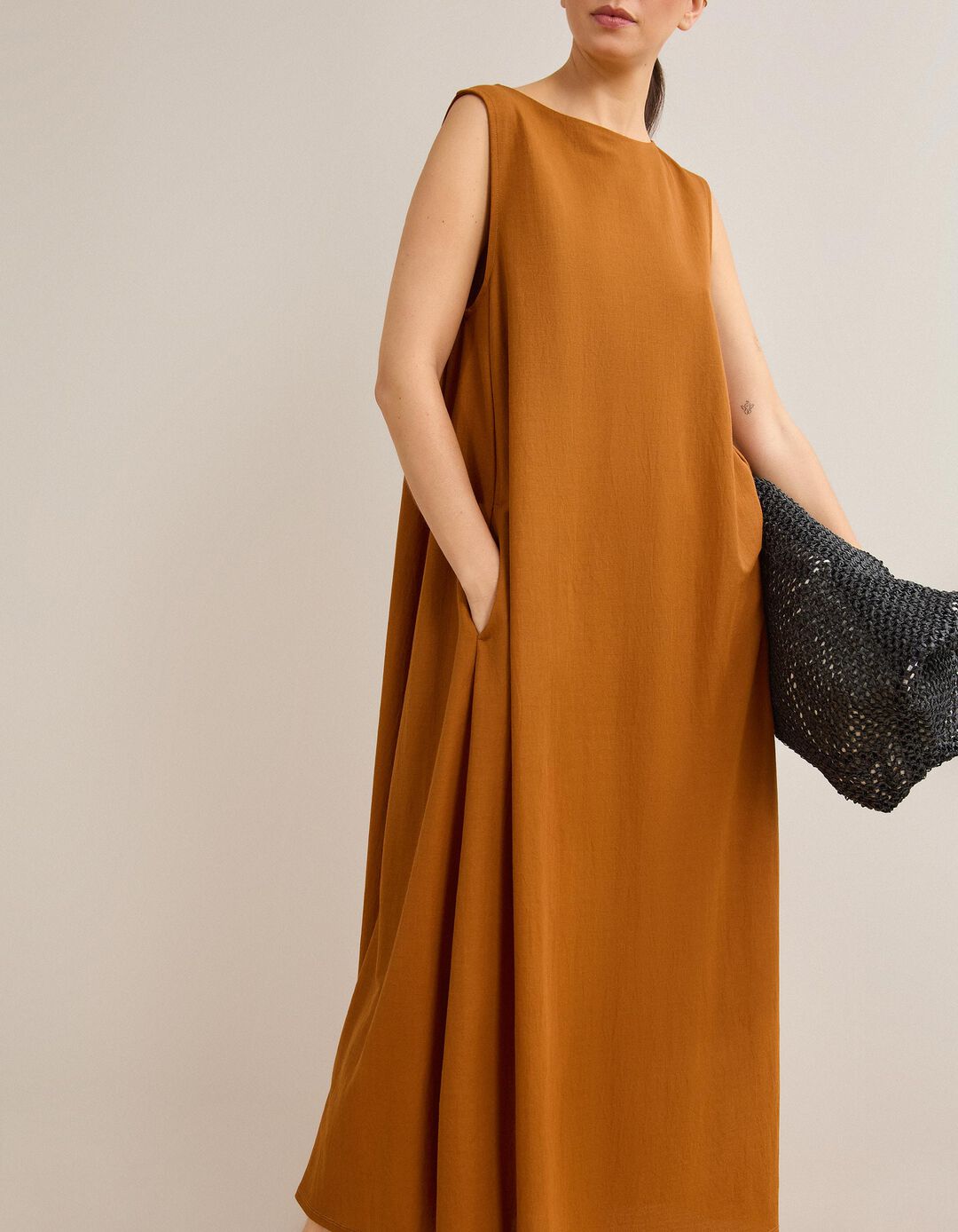 Vestido Comprido Fluido, Mulher, Castanho Claro