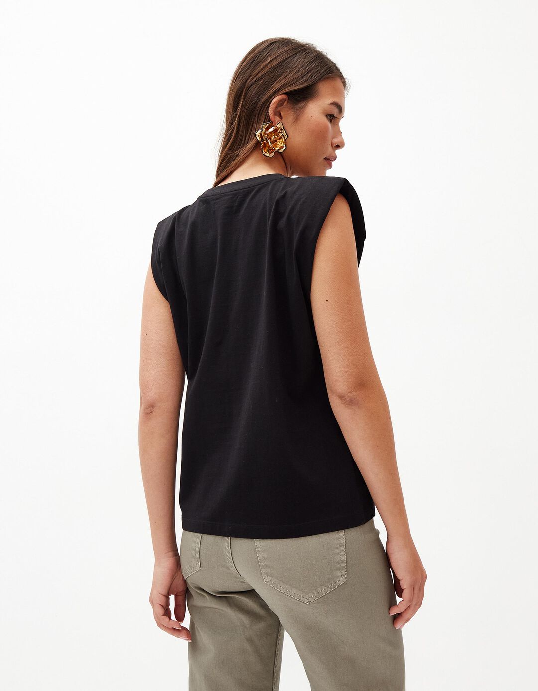 T-shirt com Ombreiras, Mulher, Preto