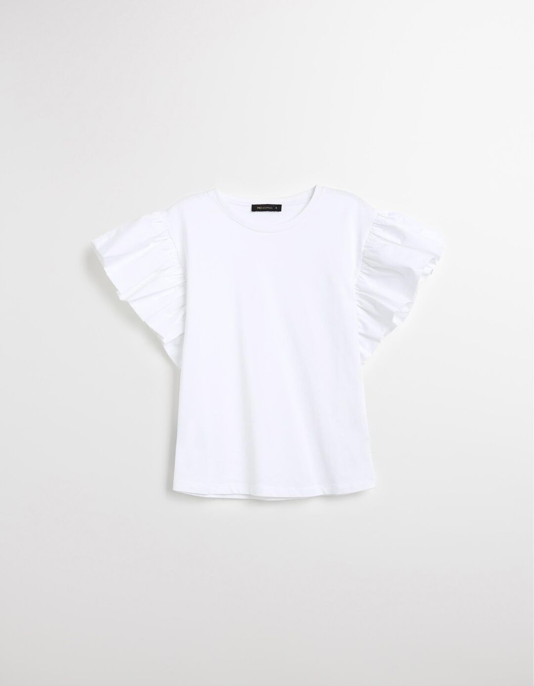 T-shirt com Mangas de Folhos, Mulher, Branco 