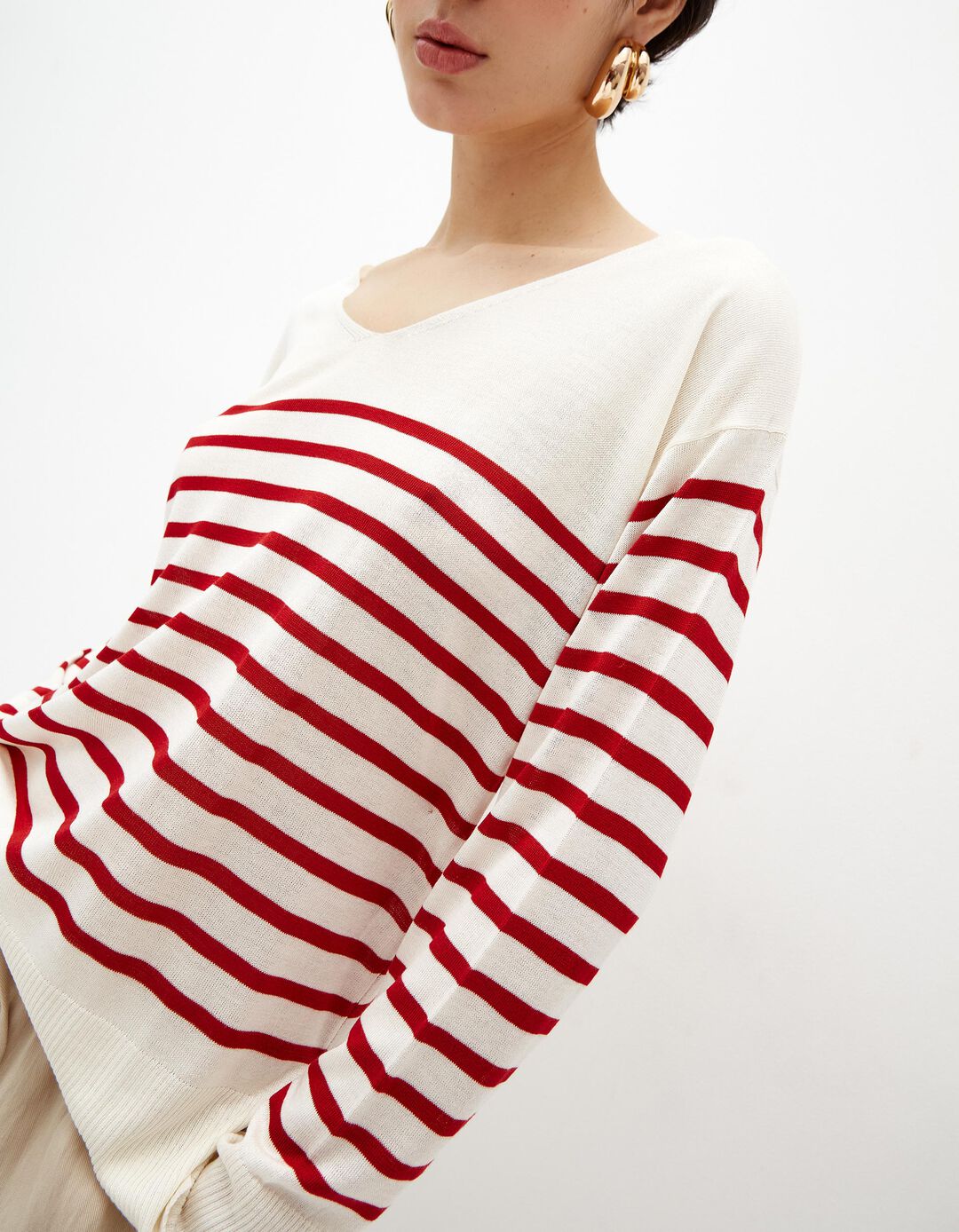 Camisola Riscas, Mulher, Vermelho Escuro