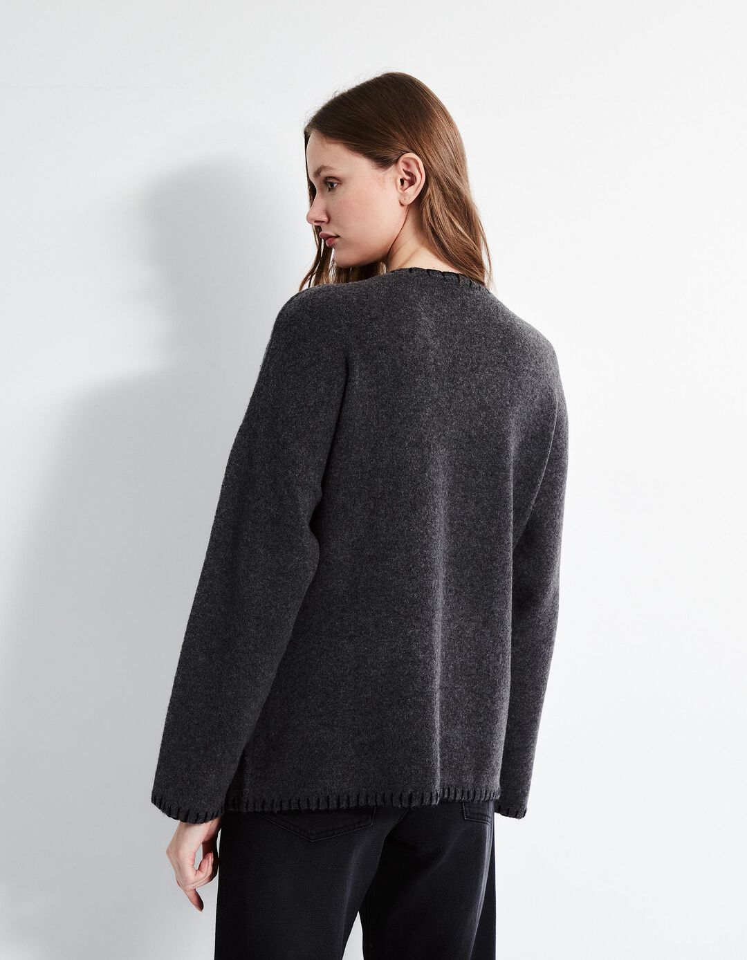 Camisola de Malha Decote em V, Mulher, Cinzento Escuro