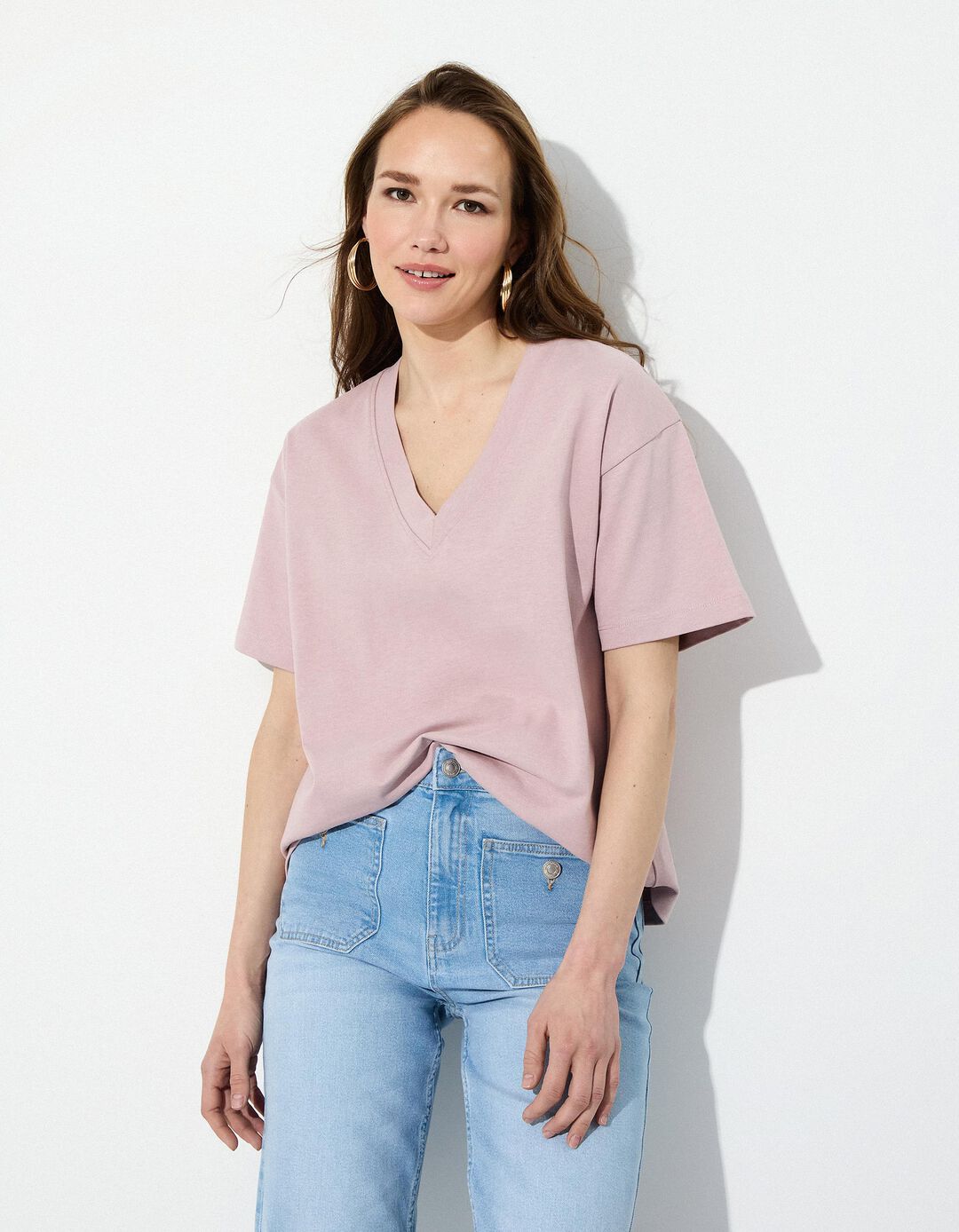 T-shirt Decote em V, Mulher, Roxo Claro