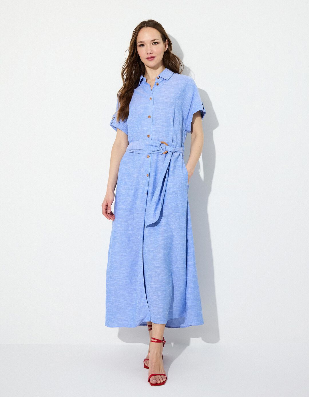 Vestido com Linho, Mulher, Azul 
