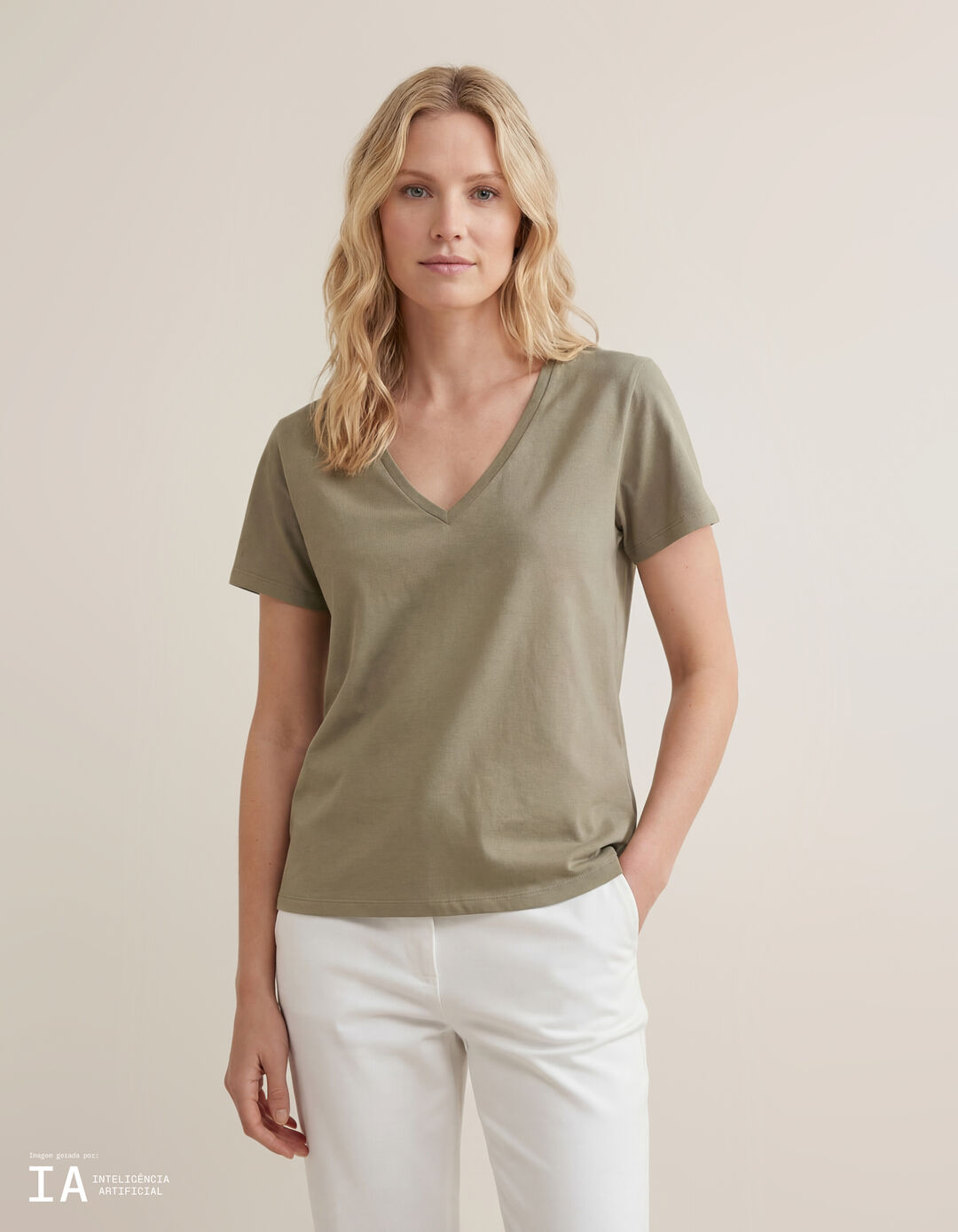 T-shirt Decote em V, Mulher, Verde