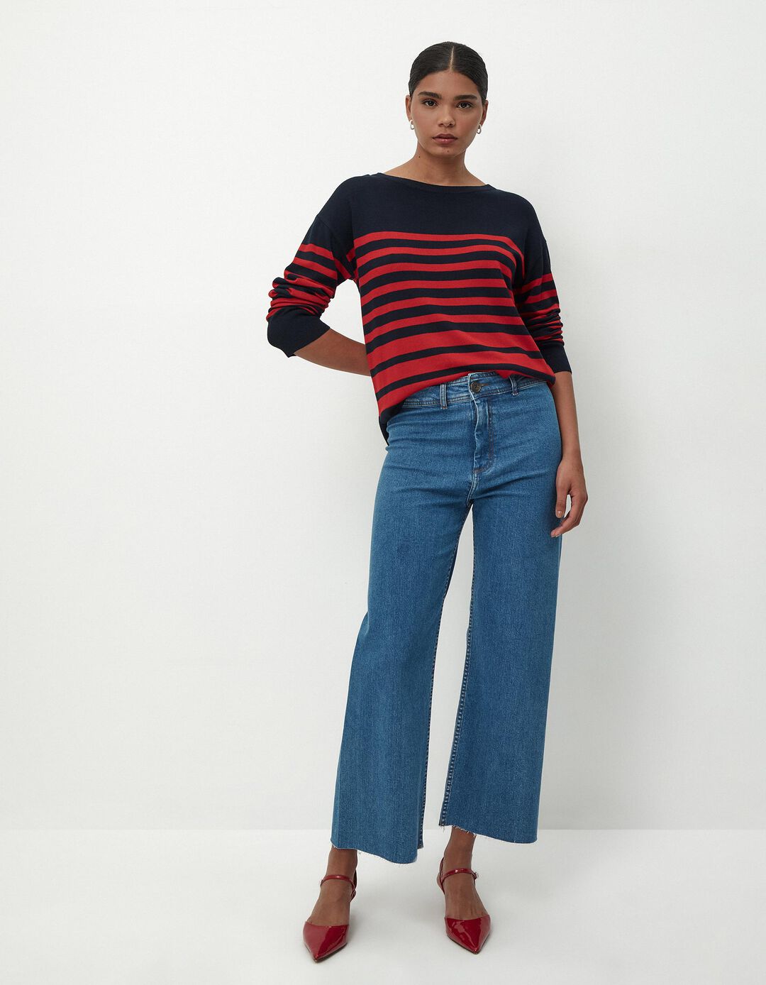 Camisola de Malha Riscas Decote Redondo, Mulher, Multicor