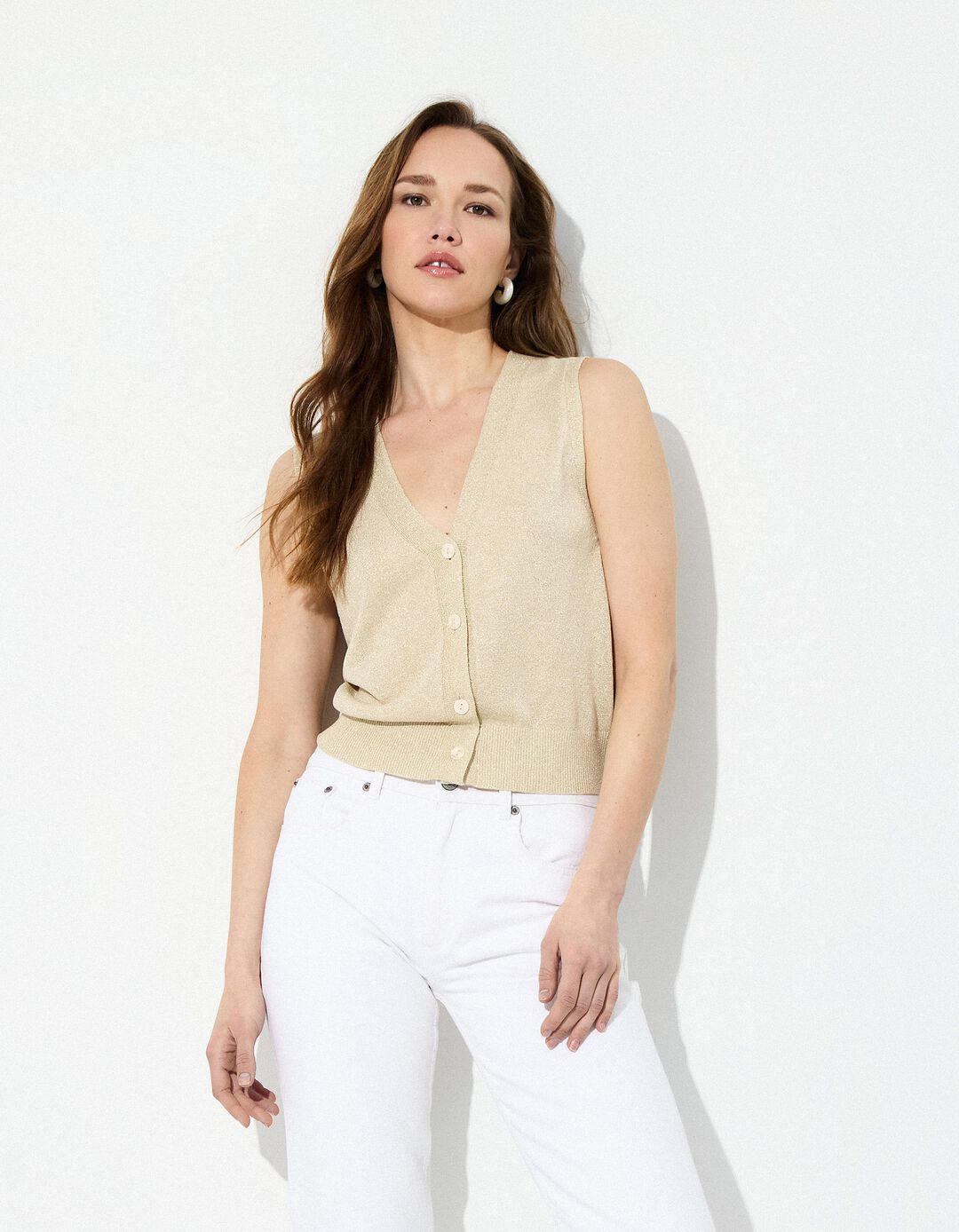 Colete Decote em V, Mulher, Dourado
