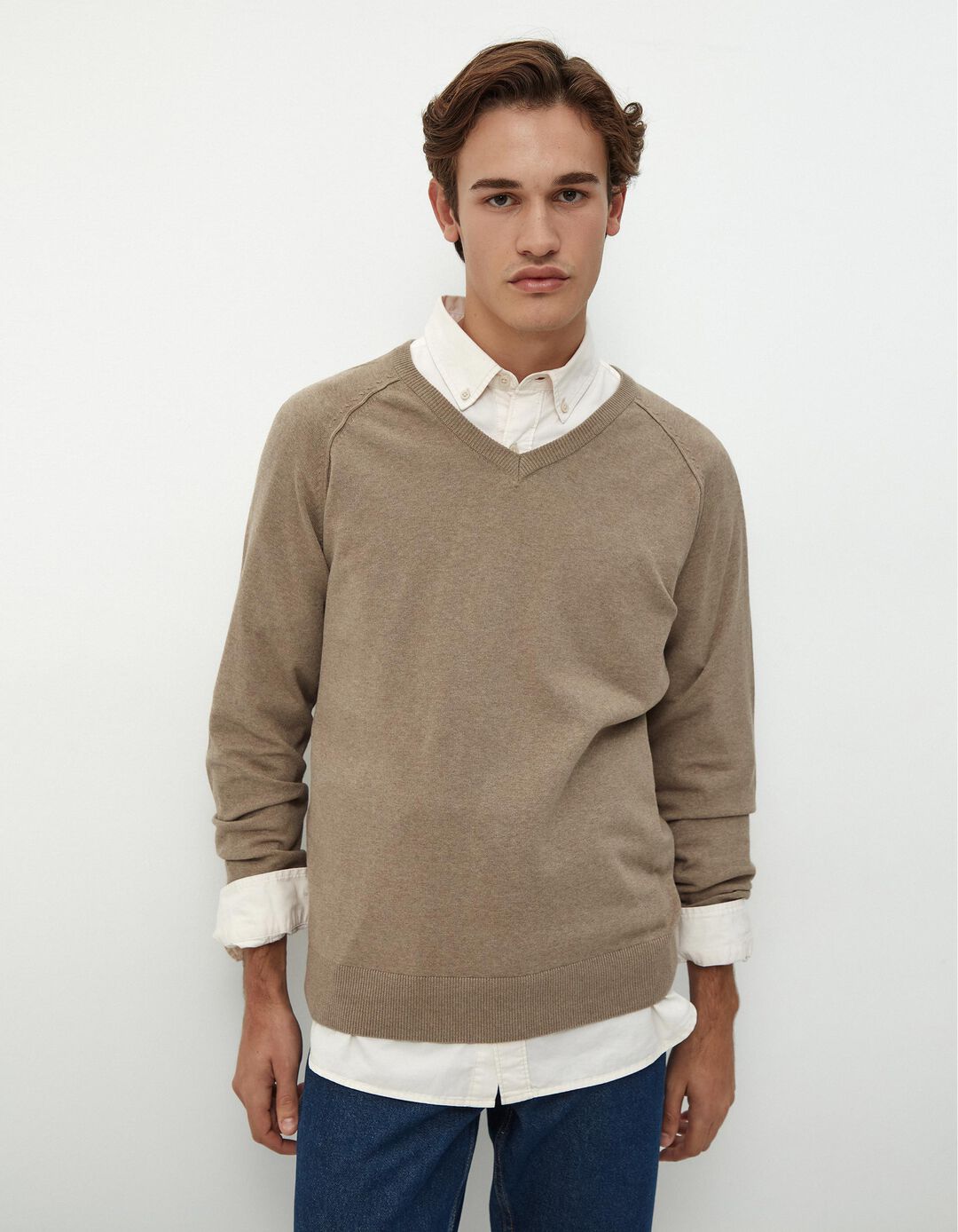 Camisola de Malha Decote em V, Homem, Bege Escuro