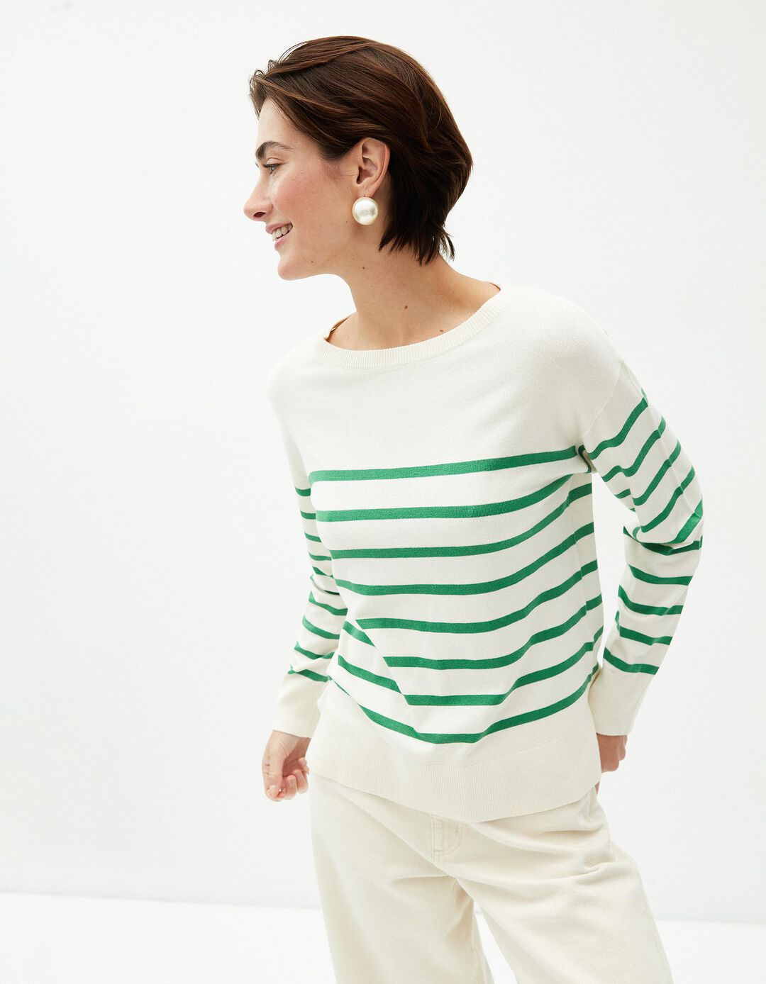Camisola de Malha Riscas, Mulher, Bege 