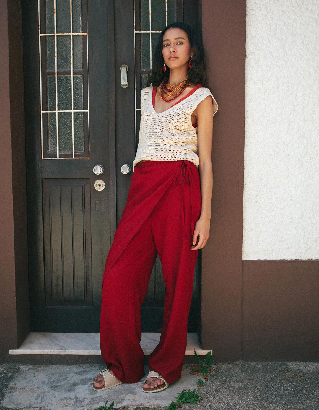 Cal&ccedil;as Pareo Com Linho, Mulher, Vermelho