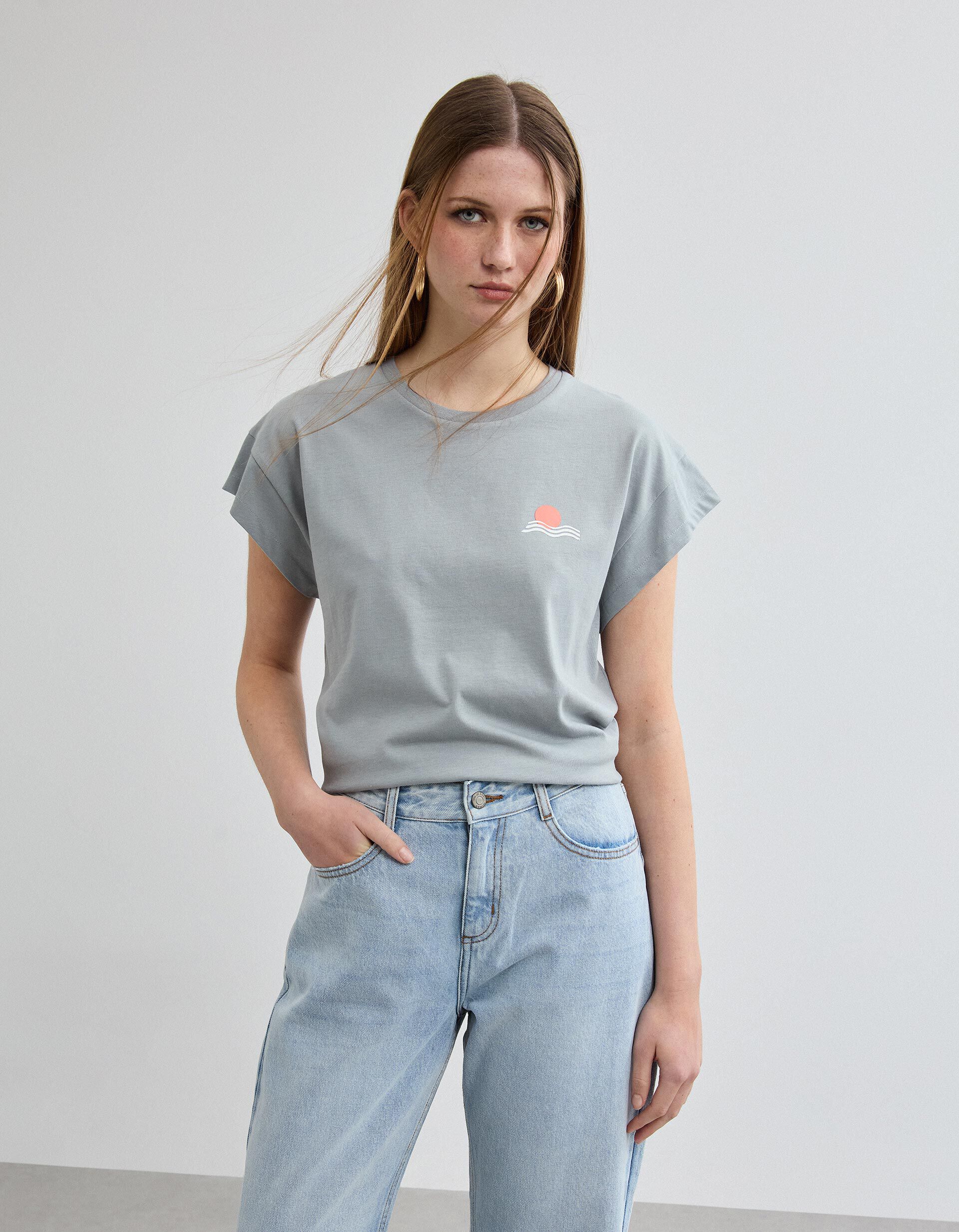 T-shirt Estampado, Mulher, Cinzento Claro