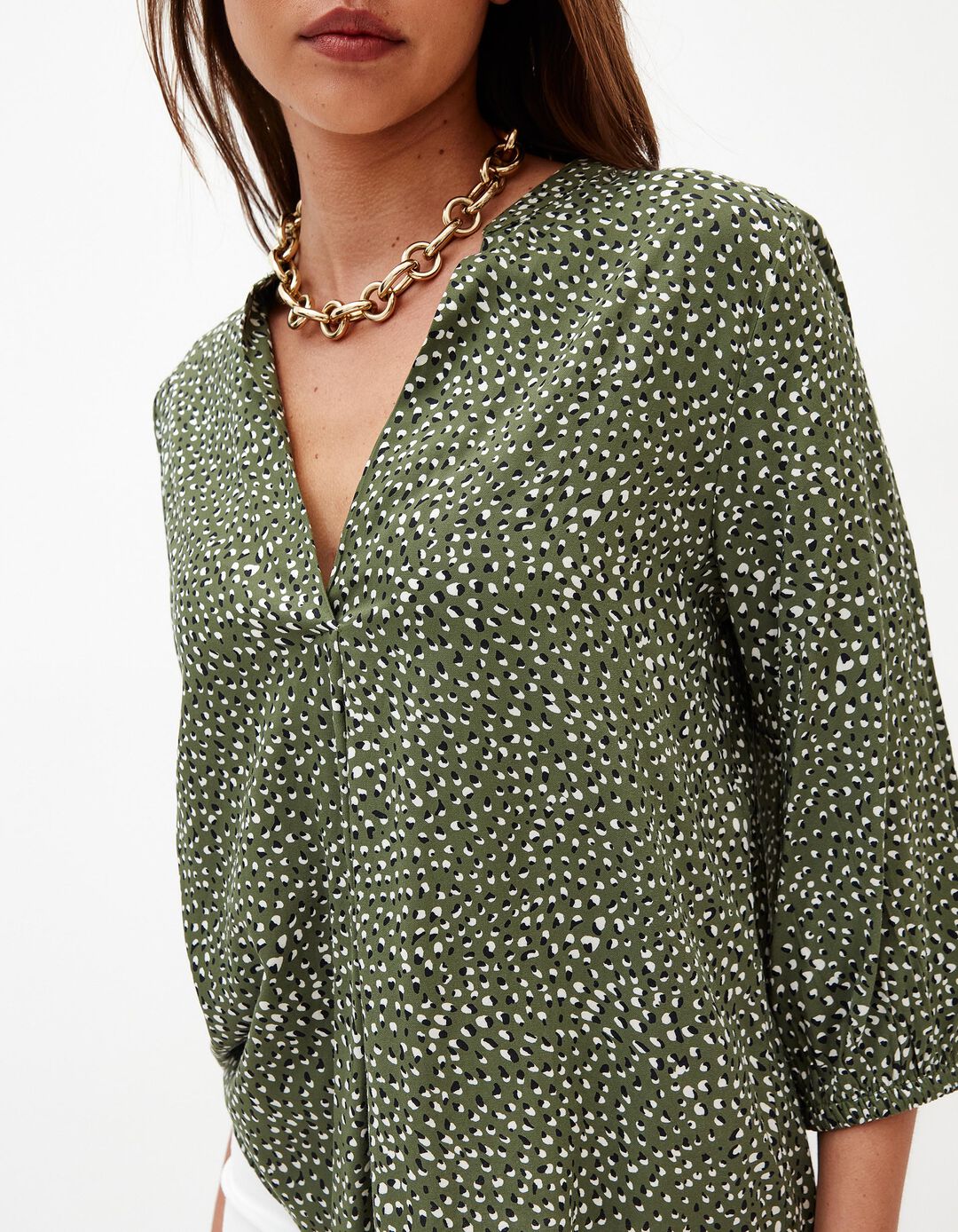 Blusa Estampada Decote em V, Mulher, Verde
