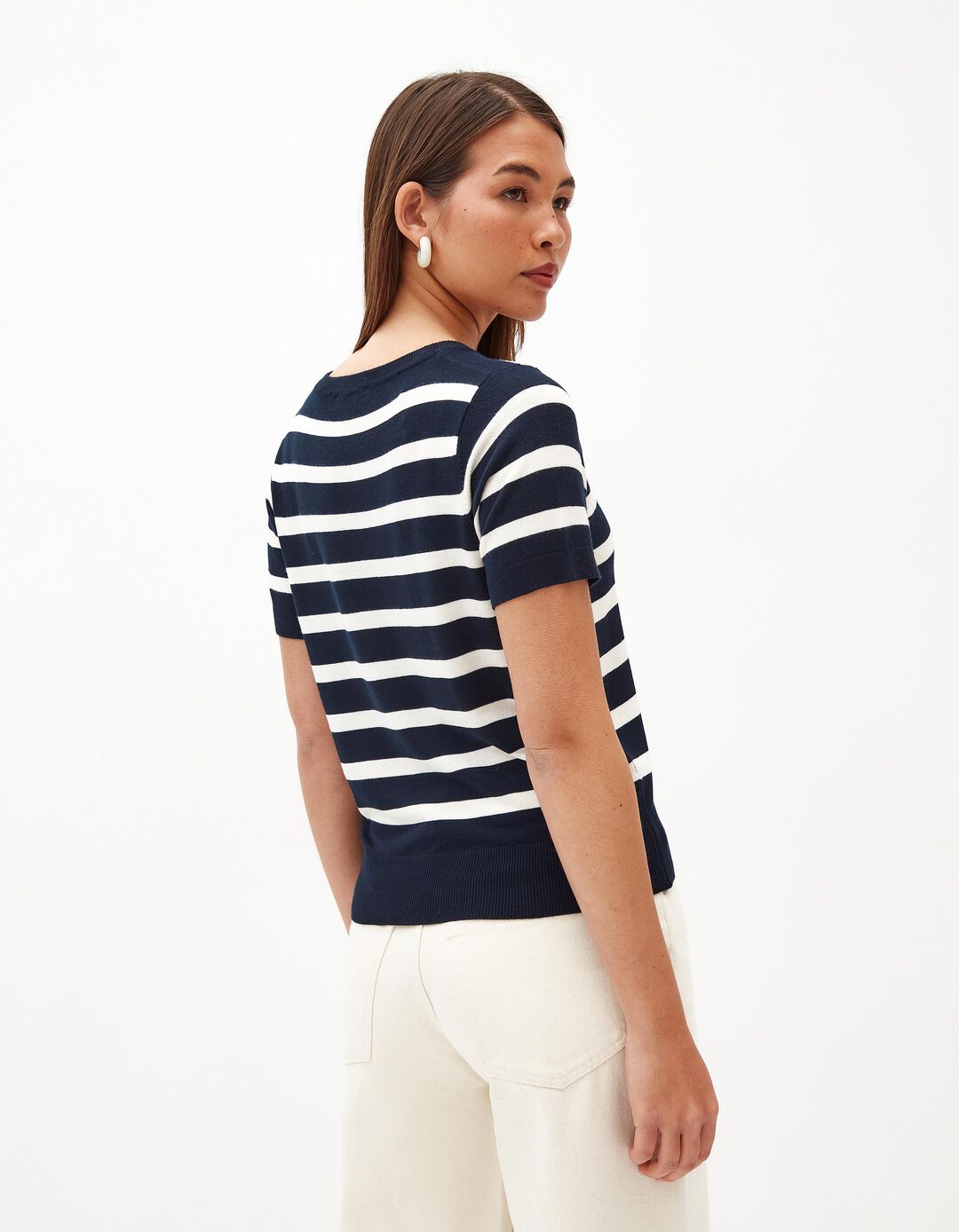 T-shirt Riscas de Malha Fina, Mulher, Azul