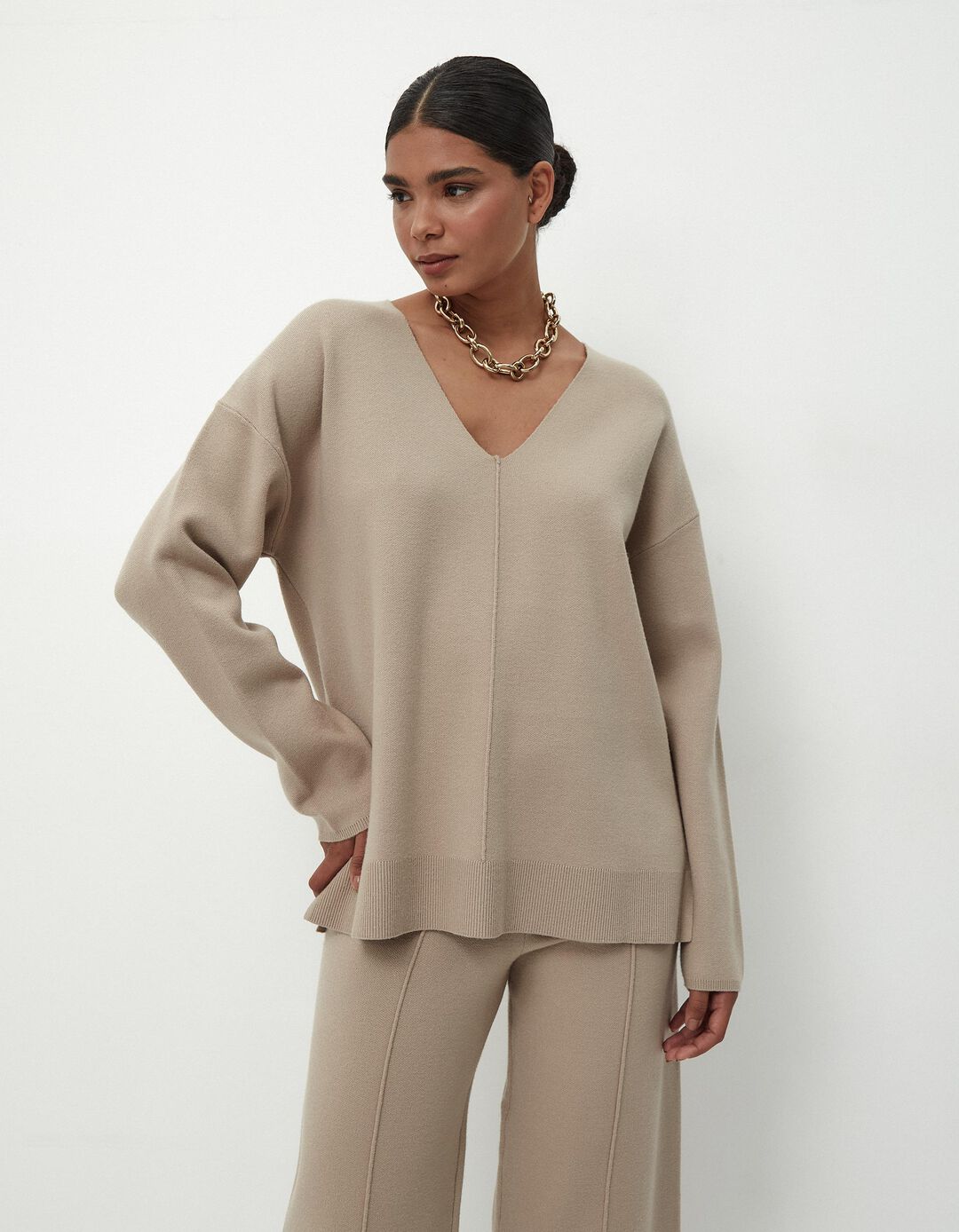 Camisola de Malha Decote em V, Mulher, Bege