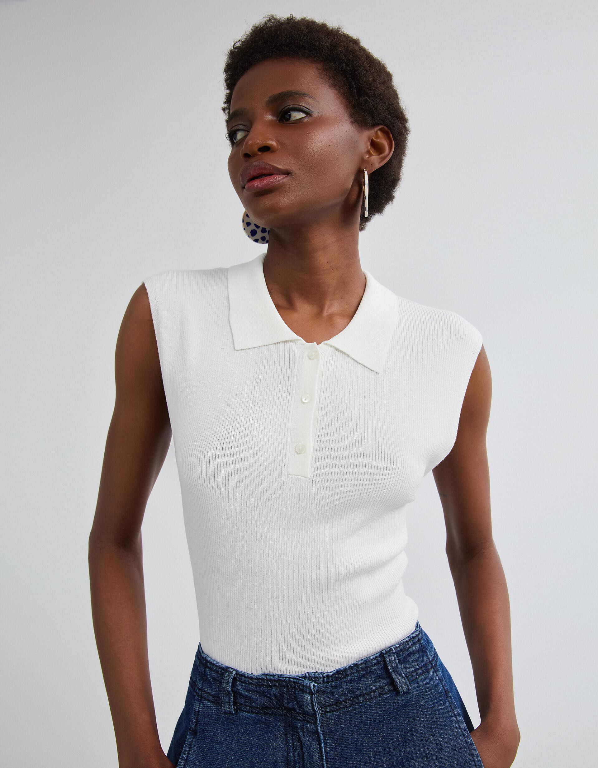 Comprar Online Top Tricotado Com Gola Polo, Mulher, Branco