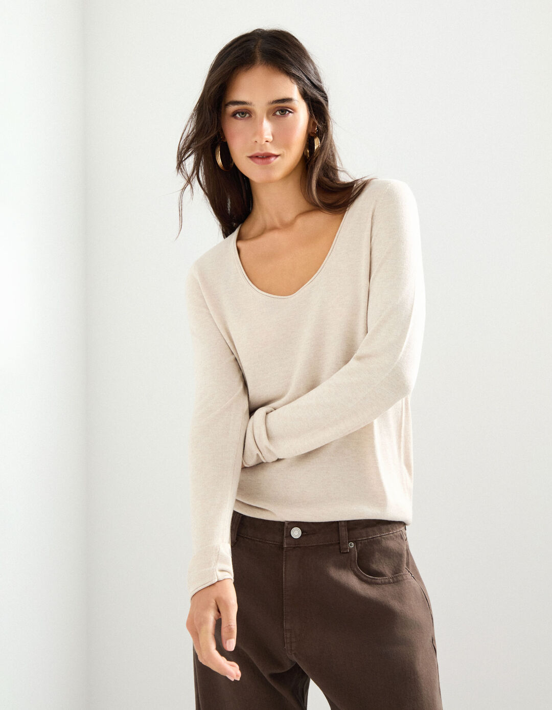 Camisola com Caxemira, Mulher, Bege