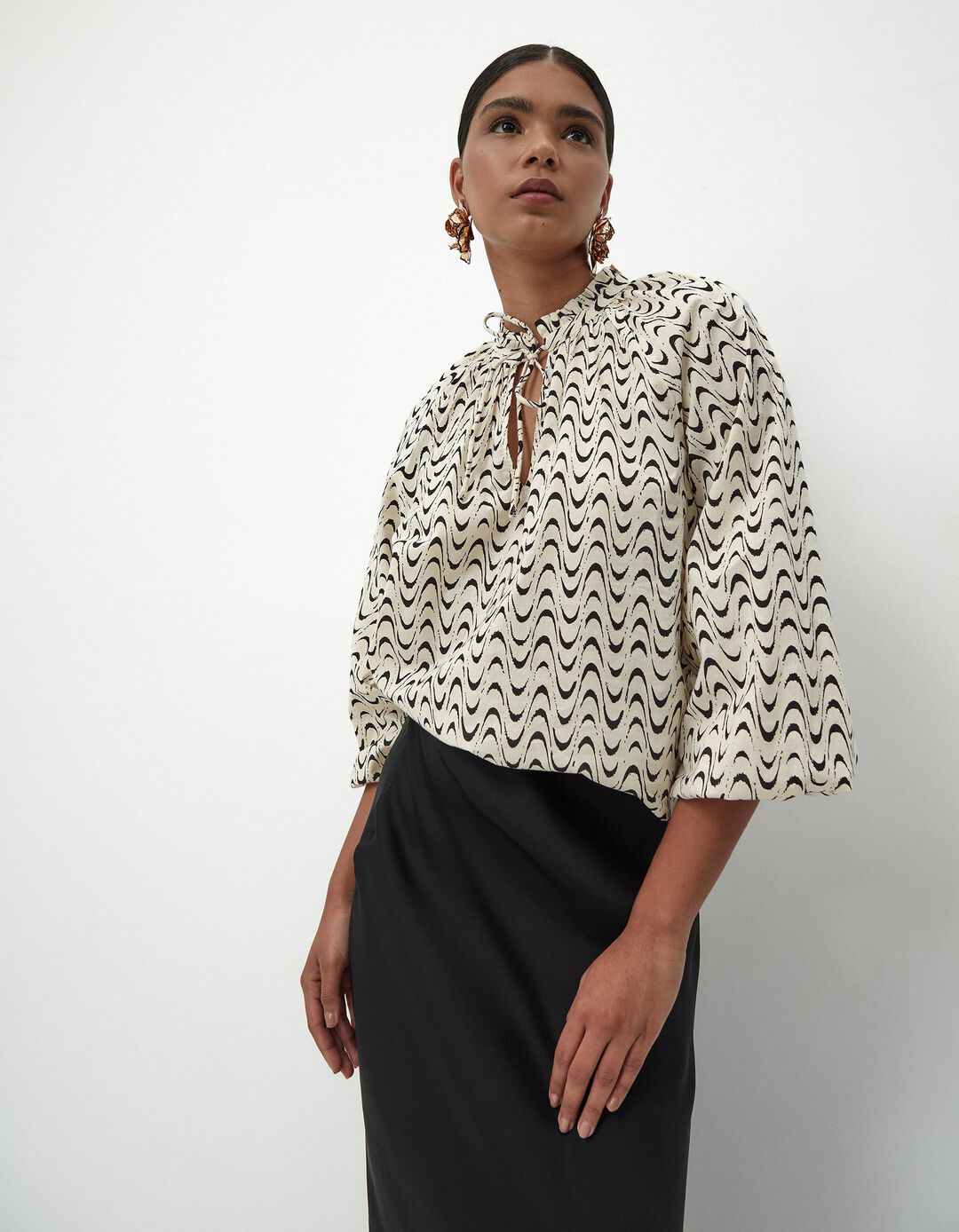 Blusa Rústica Estampada de Manga Comprida, Mulher, Preto