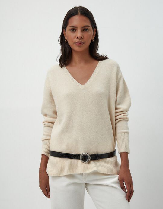 Comprar Online Camisola de Malha Decote em V, Mulher, Bege Claro