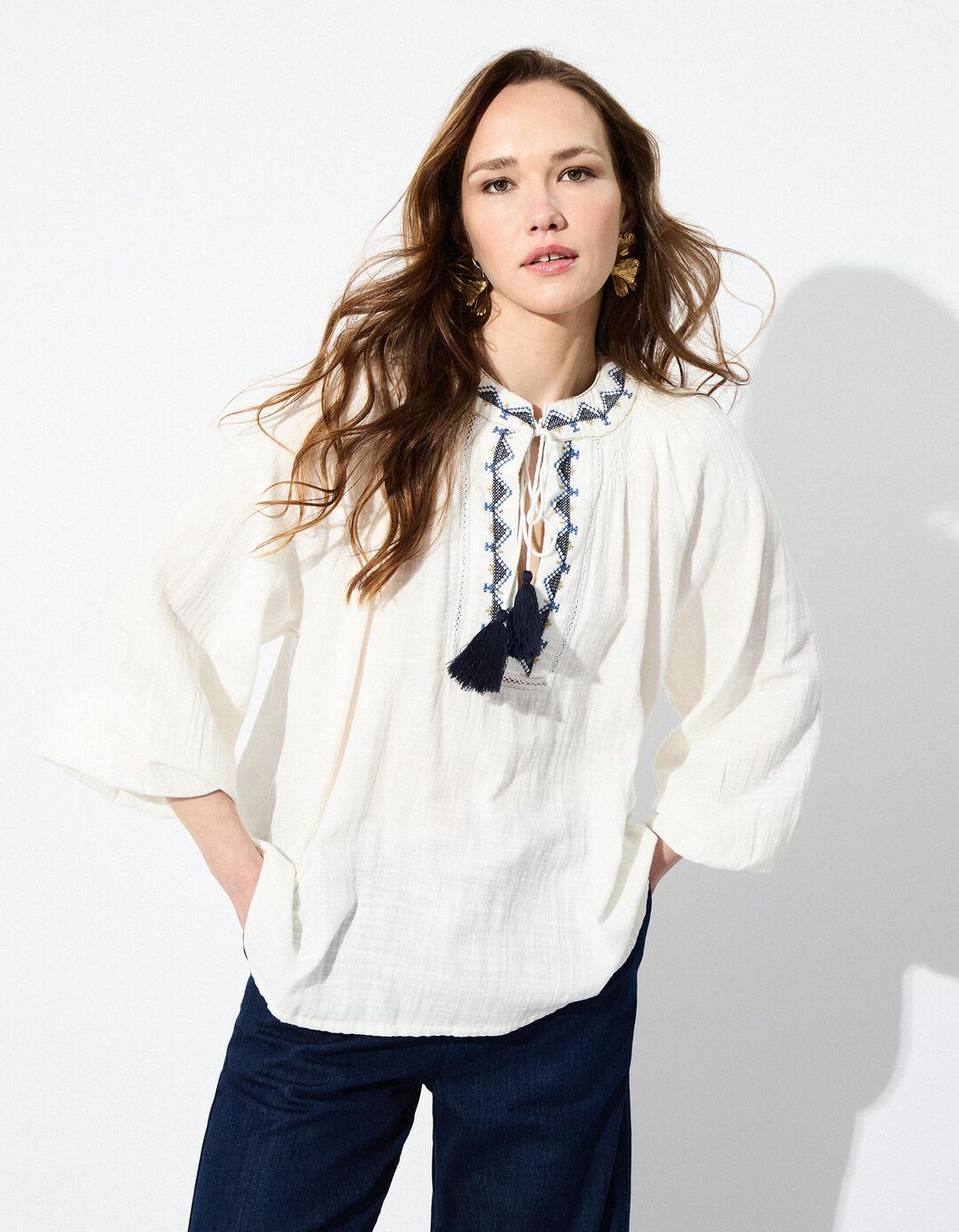 Blusa Bordada, Mulher, Bege Claro