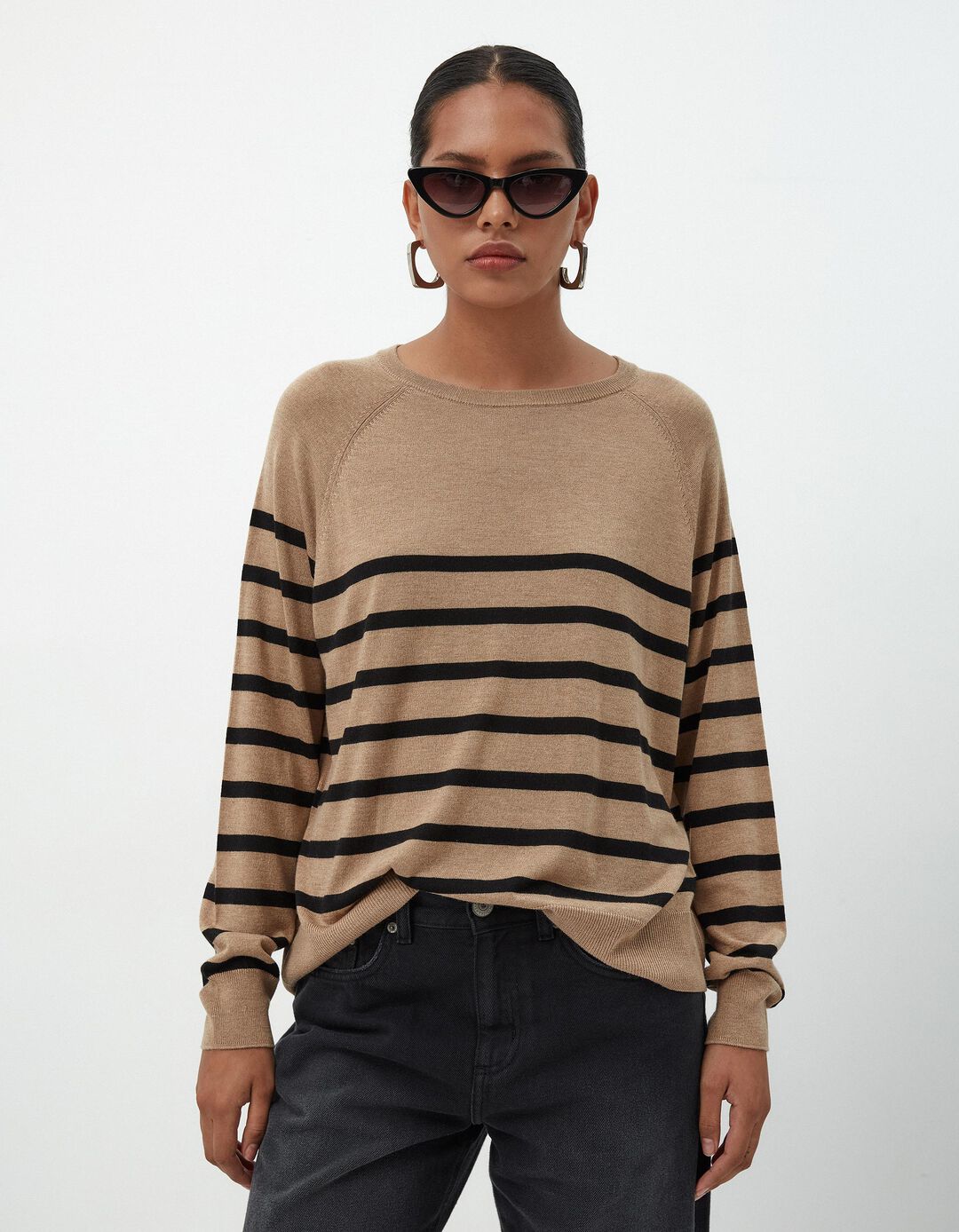 Camisola Mistura de Caxemira Riscas, Mulher, Bege