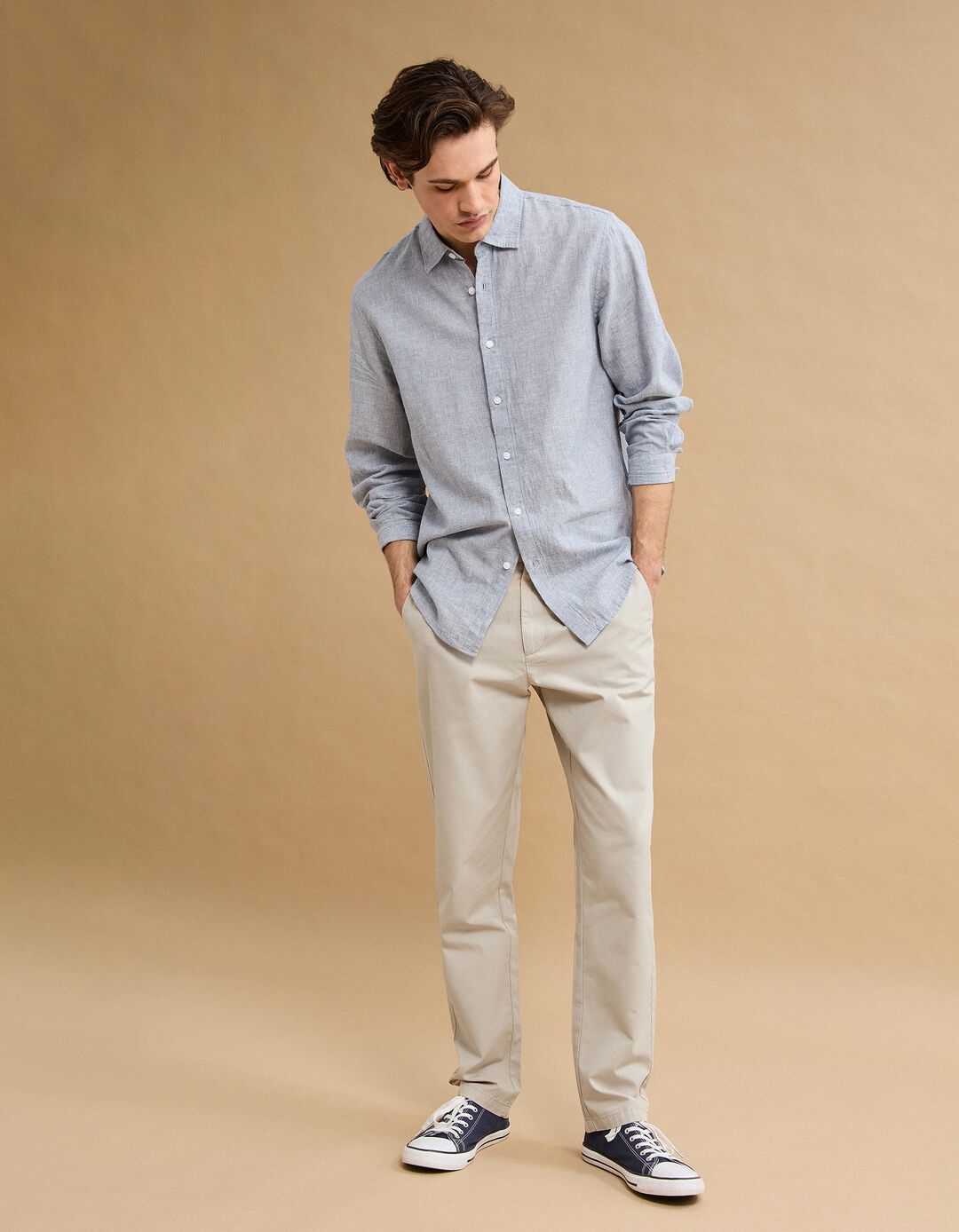 Cal&ccedil;as 'Tapered Fit', Homem, Bege Claro