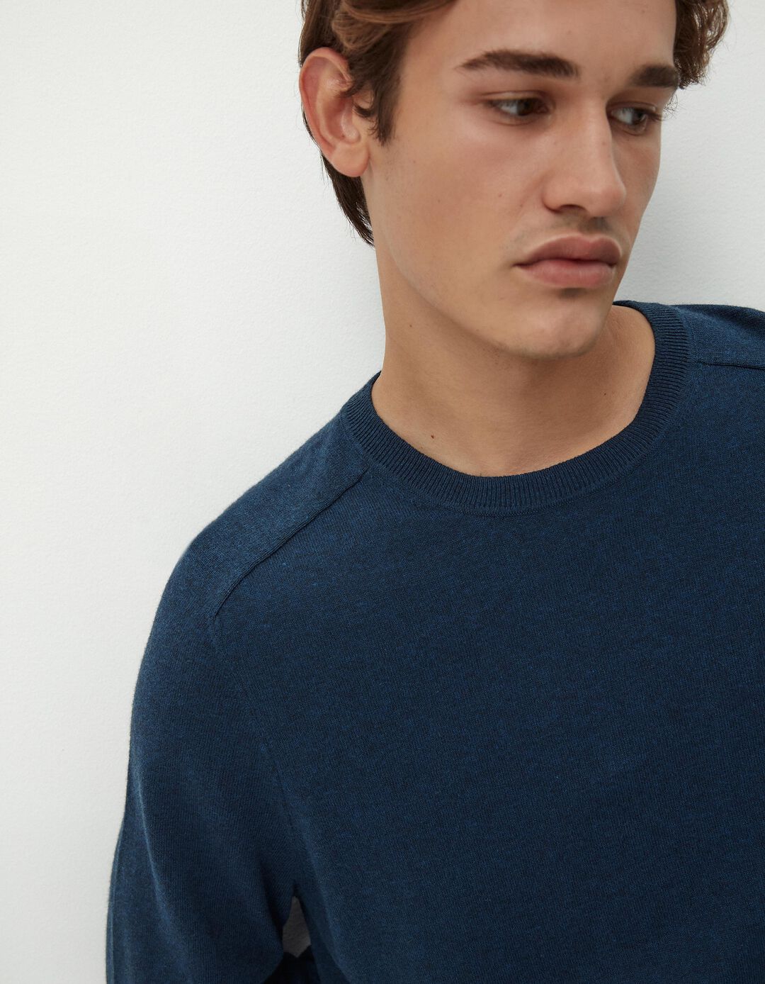 Camisola Mistura de Caxemira Decote Redondo, Homem, Azul Escuro