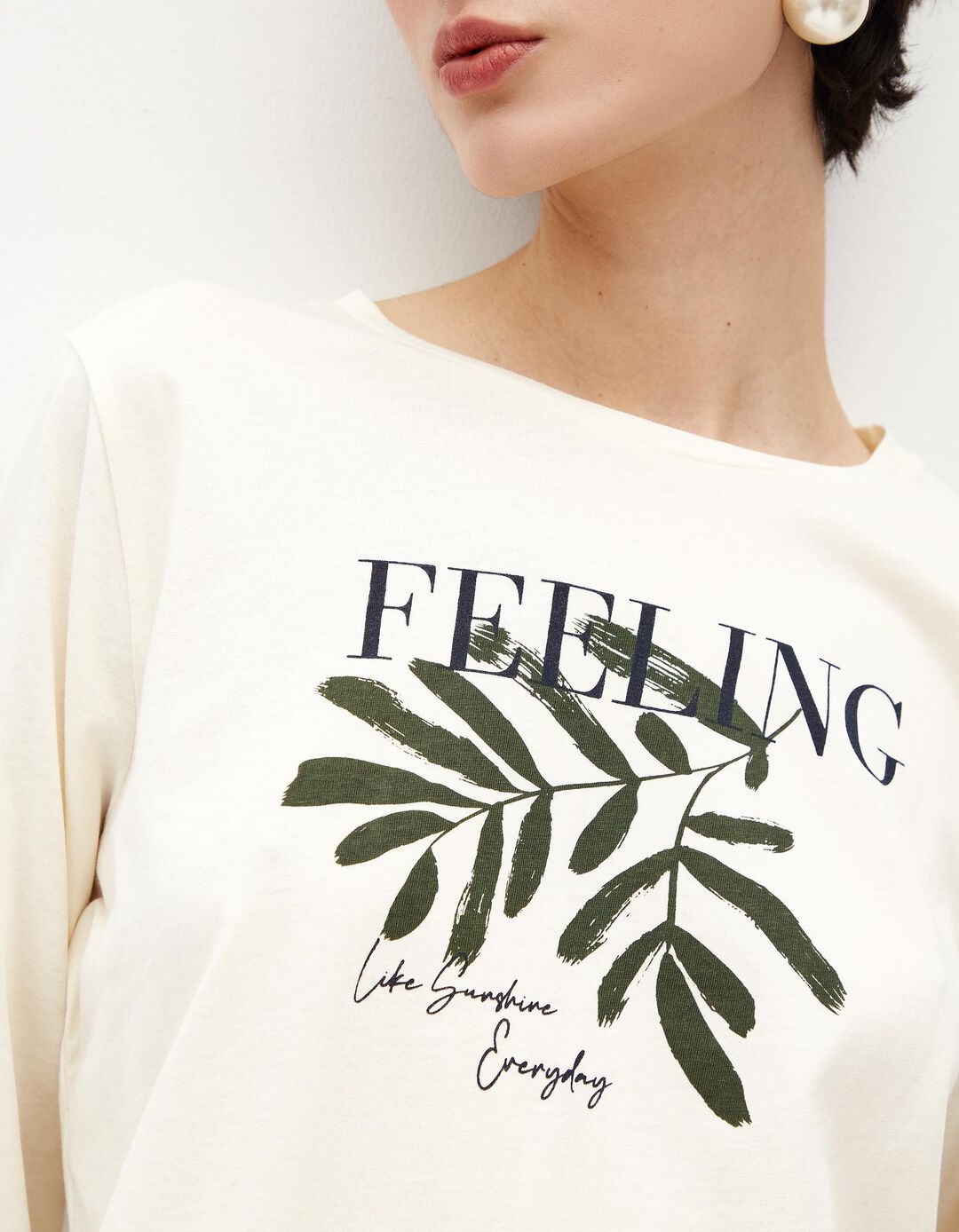 T-shirt de Manga Comprida Estampado, Mulher, Bege Claro