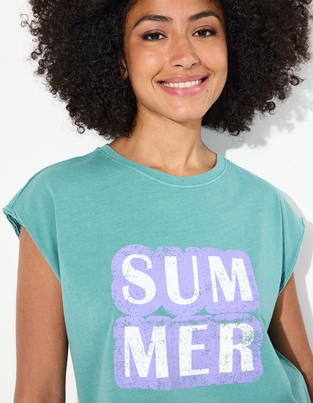 T-shirt Print sem Mangas, Mulher, Azul Claro 