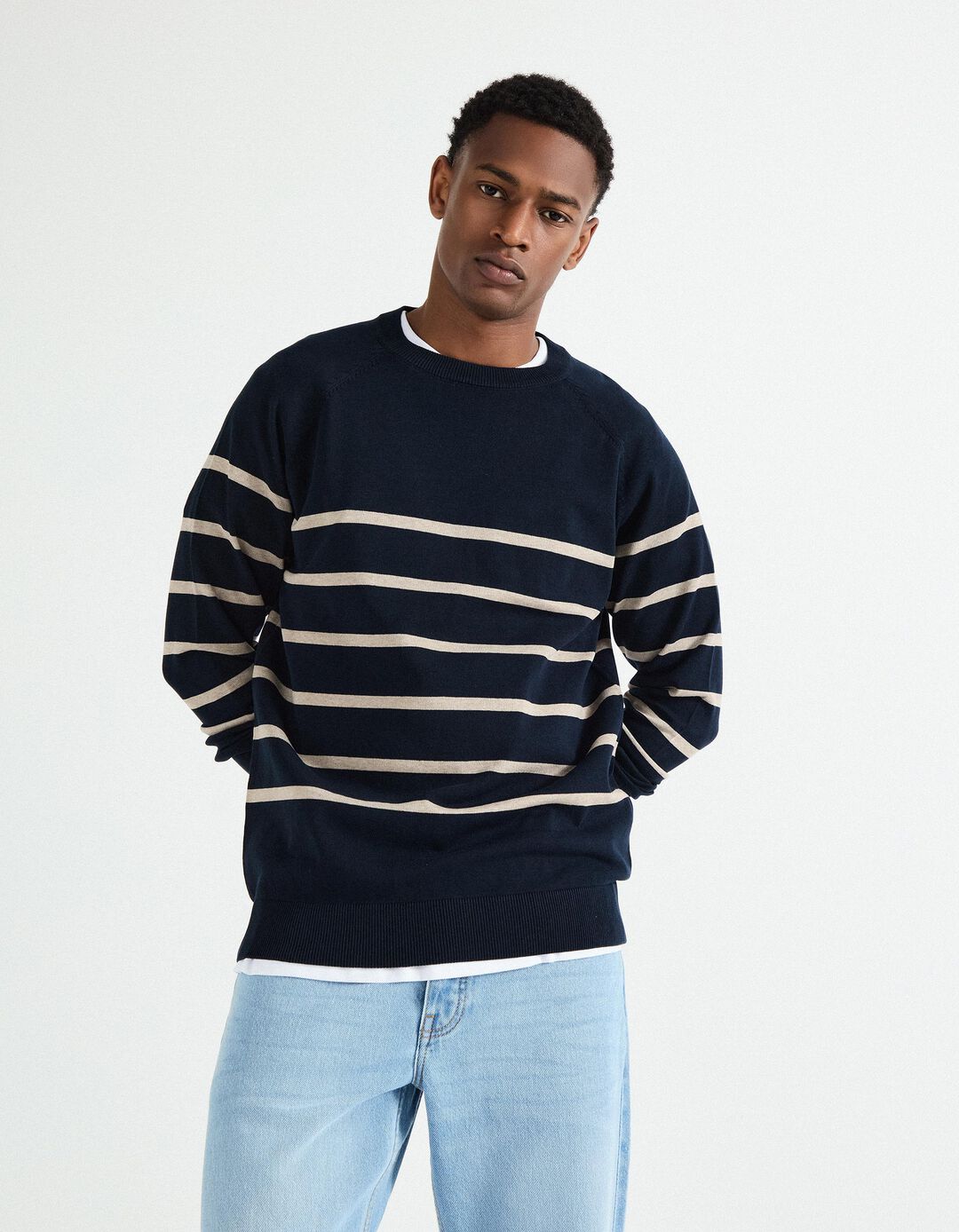 Camisola de Malha Riscas, Homem, Azul Escuro