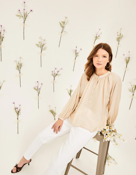 Comprar Online Blusa de Manga Comprida Botões, Mulher, Bege Claro