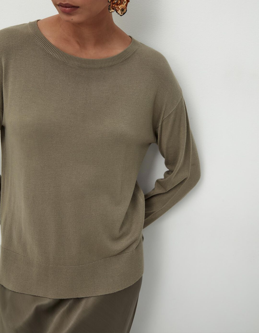 Camisola de Malha Decote Redondo, Mulher, Verde Escuro